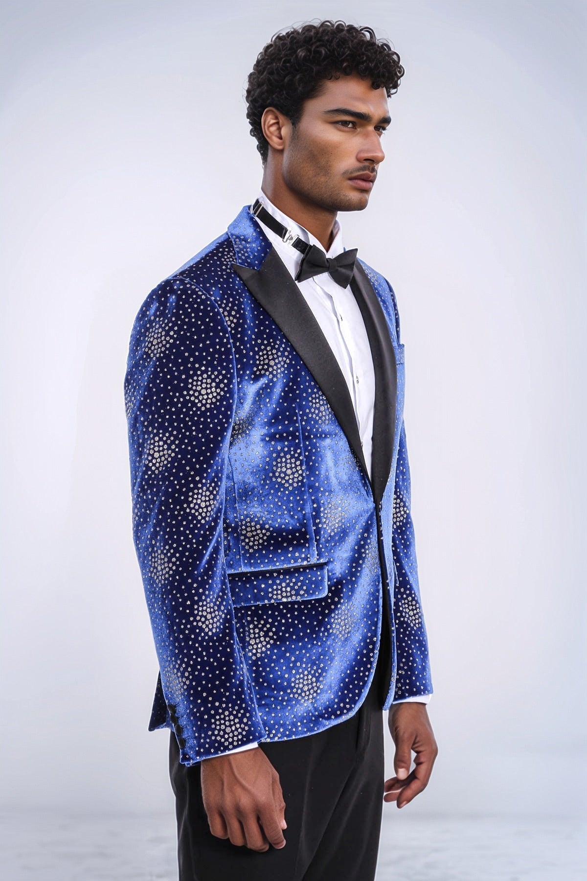 Dot Patterned Peak Lapel Blue Men Singer Performance Blazer