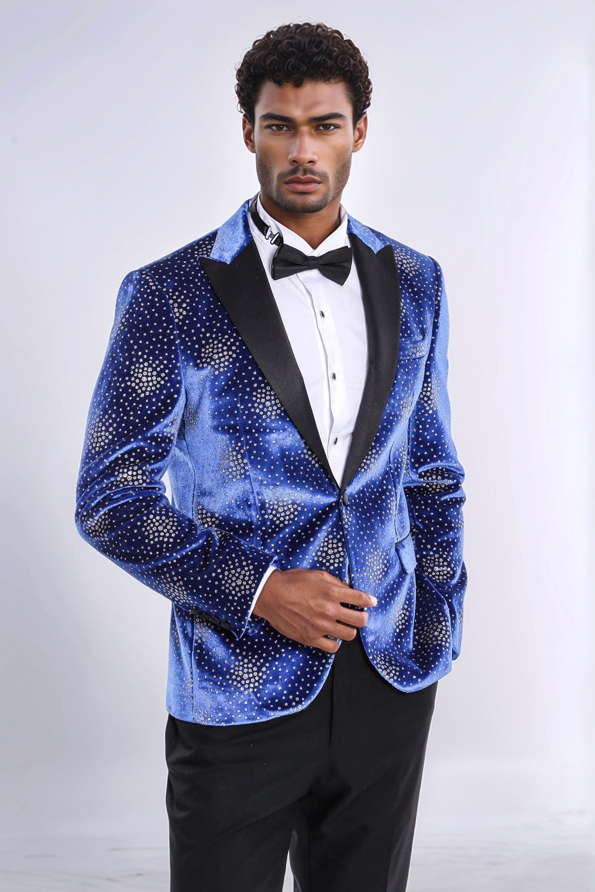 Dot Patterned Peak Lapel Blue Men Singer Performance Blazer