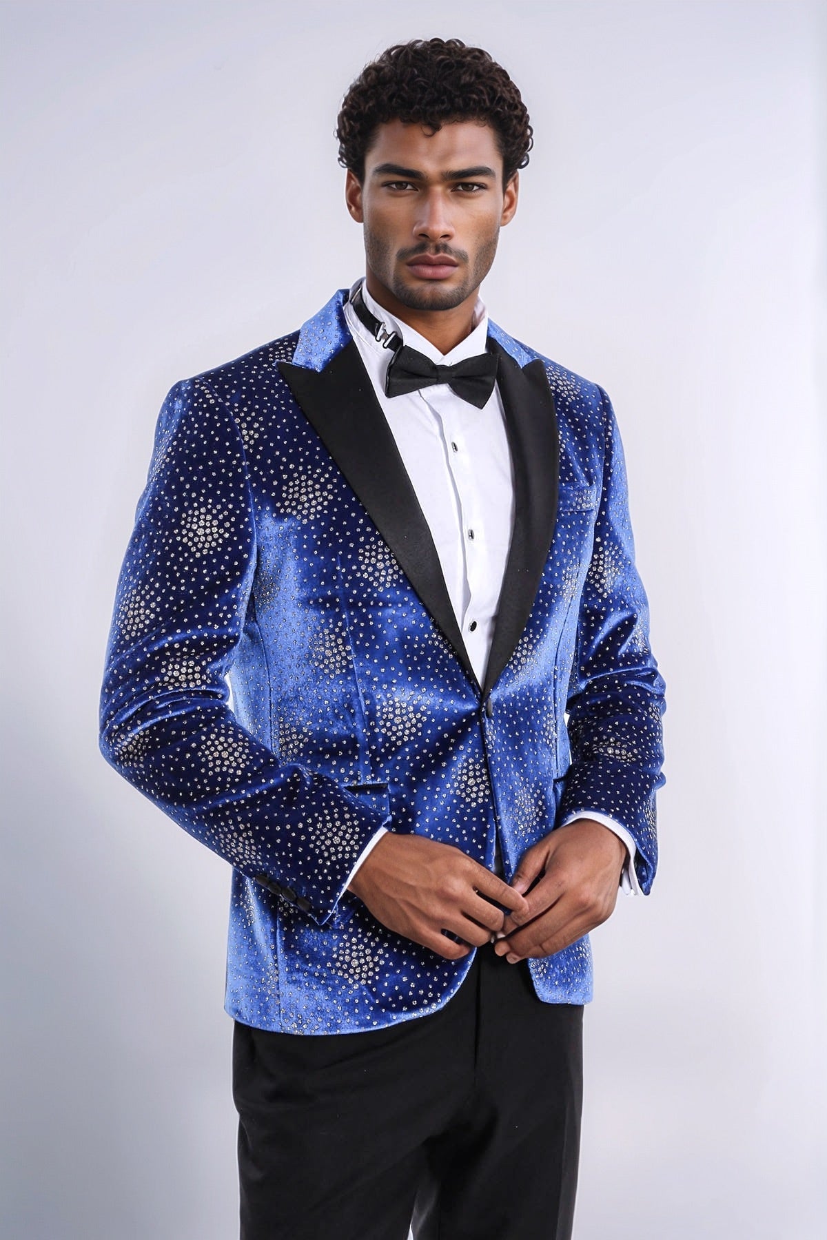 Dot Patterned Peak Lapel Blue Men Singer Performance Blazer