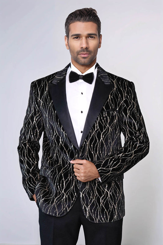 Gold Patterned Over Black Velvet Men Evening Tuxedo Blazer