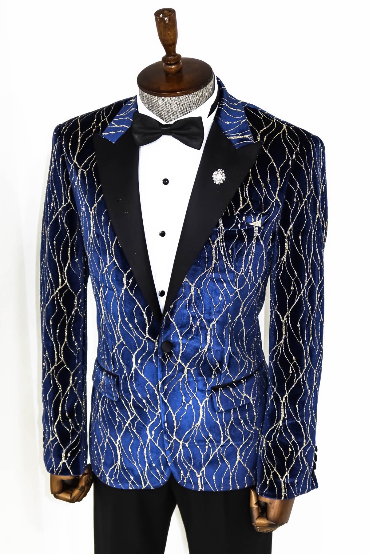 Gold Patterned Navy Blue Men Evening Tuxedo Blazer