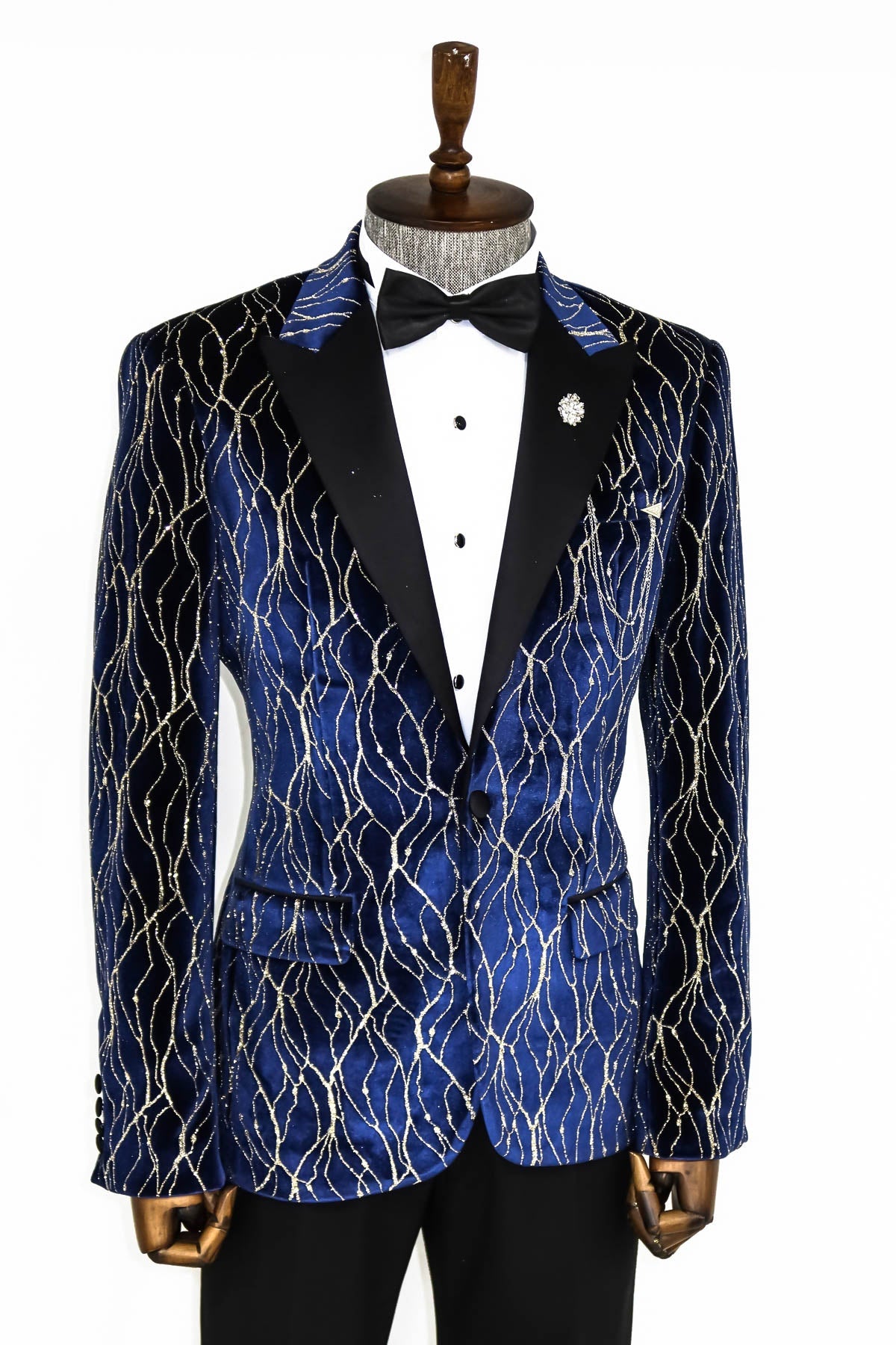 Gold Patterned Navy Blue Men Evening Tuxedo Blazer