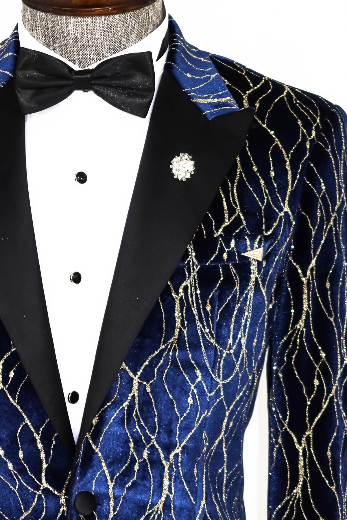 Gold Patterned Navy Blue Men Evening Tuxedo Blazer