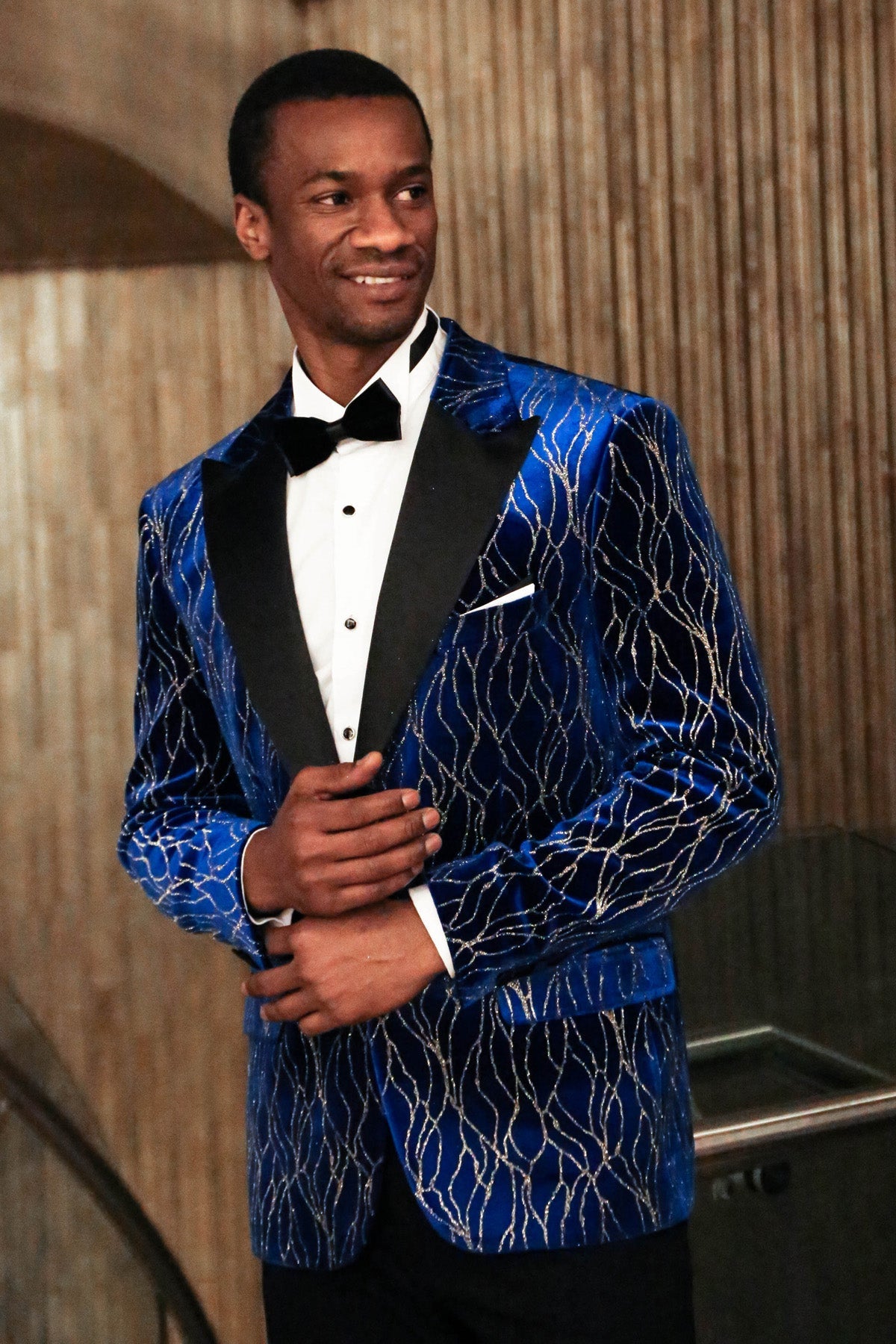 Gold Patterned Navy Blue Men Evening Tuxedo Blazer
