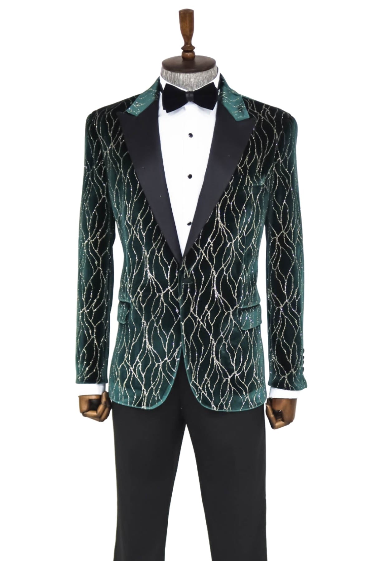 Patterned Dark Green Velvet Men Singer Tuxedo Blazer - Wessi