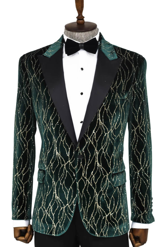 Patterned Dark Green Velvet Men Singer Tuxedo Blazer
