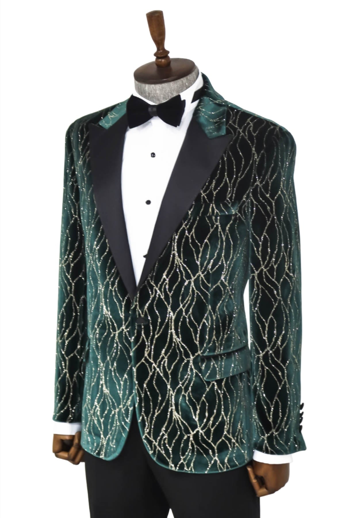Patterned Dark Green Velvet Men Singer Tuxedo Blazer - Wessi