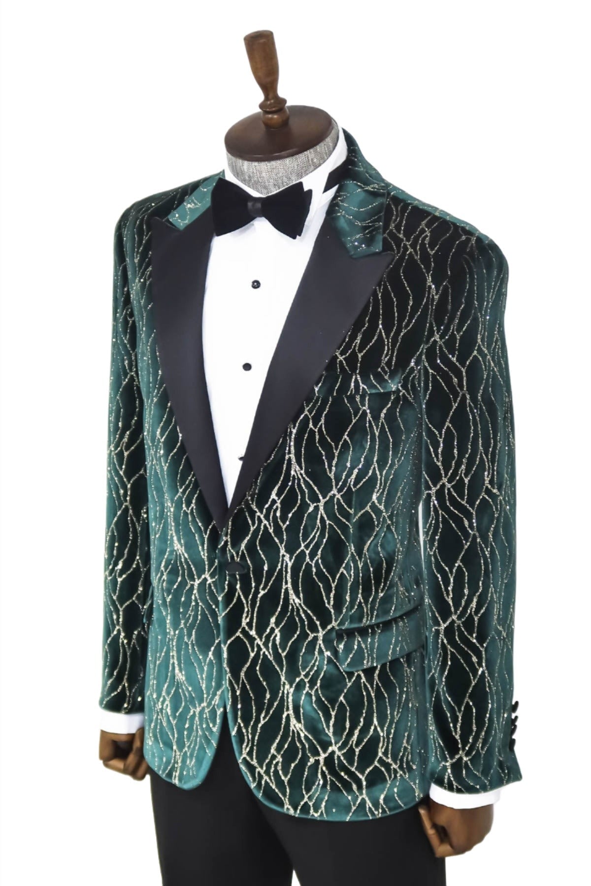 Patterned Dark Green Velvet Men Singer Tuxedo Blazer - Wessi