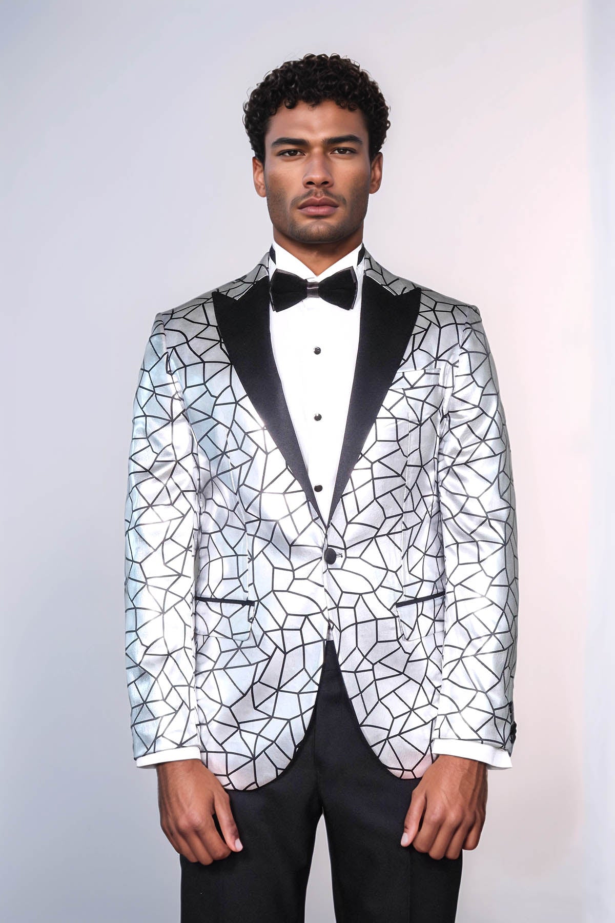 Slim Fit Black Patterned Grey Men Stage Performance Jacket - Wessi
