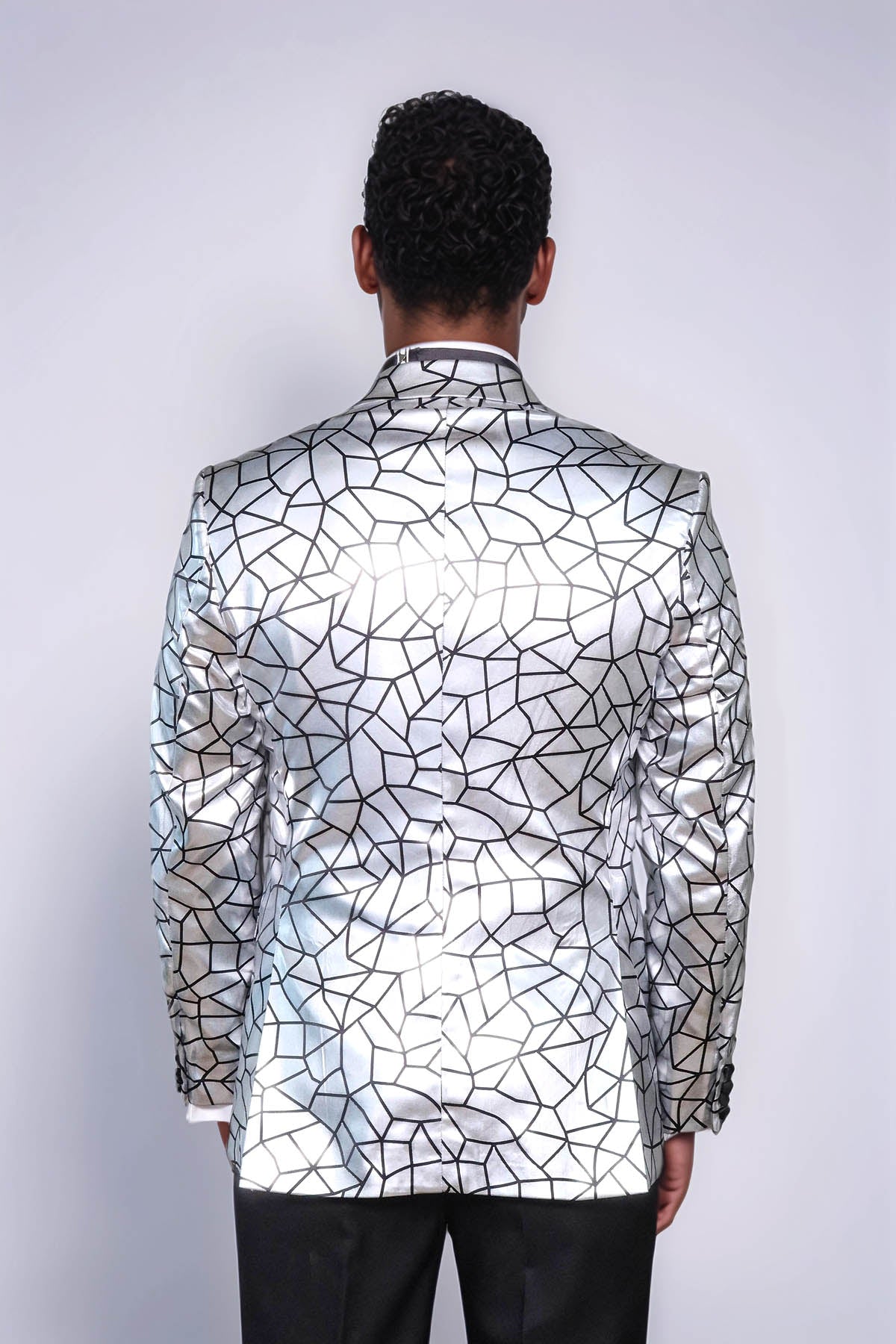 Slim Fit Black Patterned Grey Men Stage Performance Jacket - Wessi