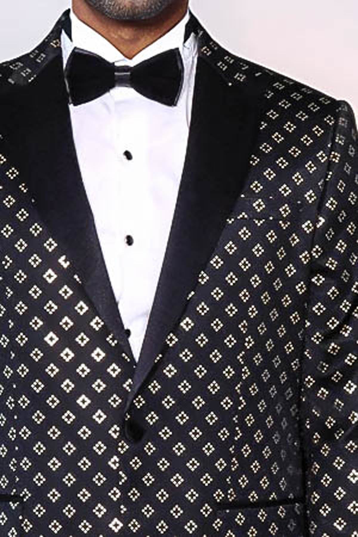 Gold Diamond Pattern Over Black Tuxedo Blazer - Wessi