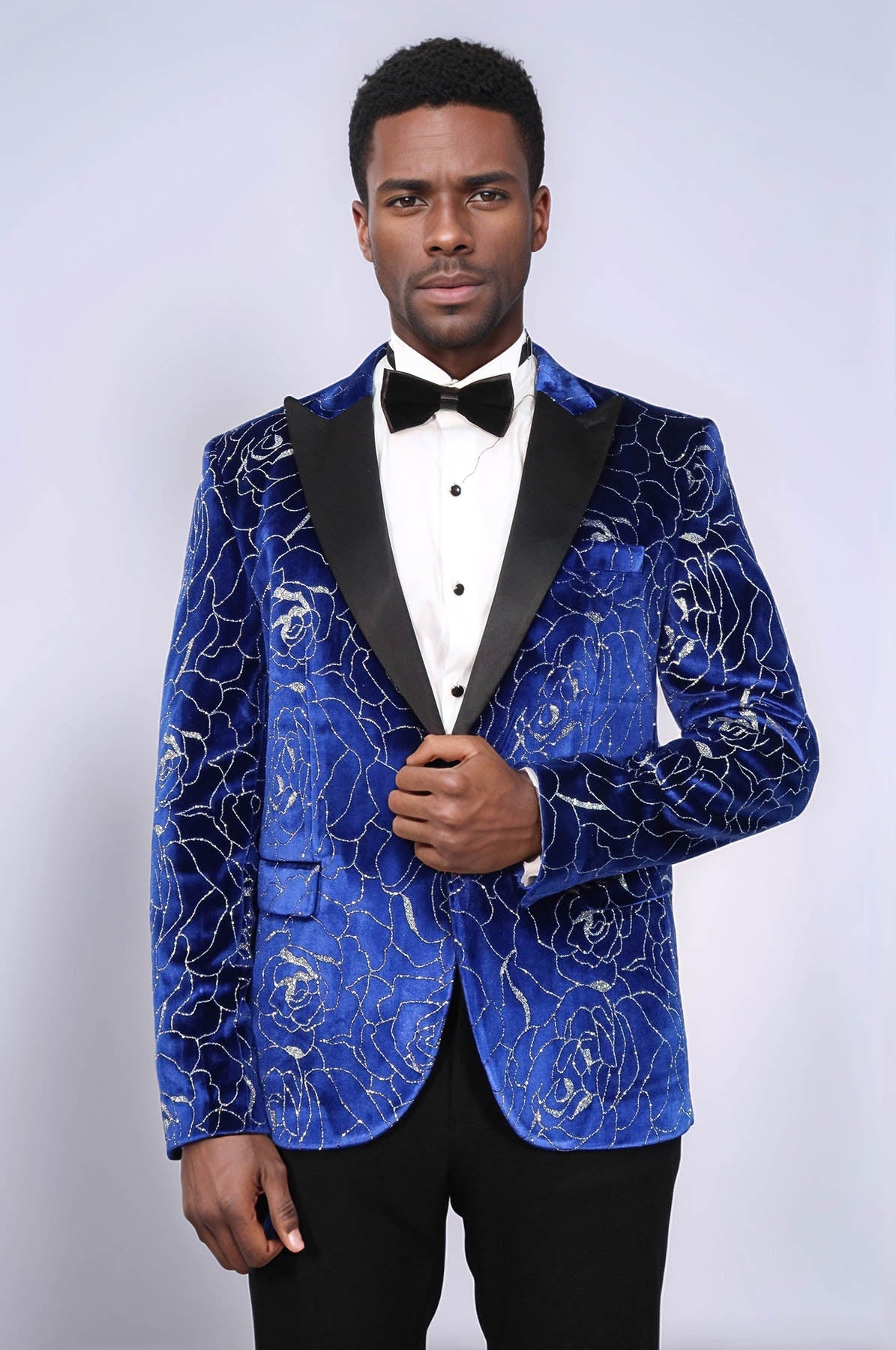 Shimmering Silver Rose Patterned Over Blue Men Stage Tuxedo Blazer