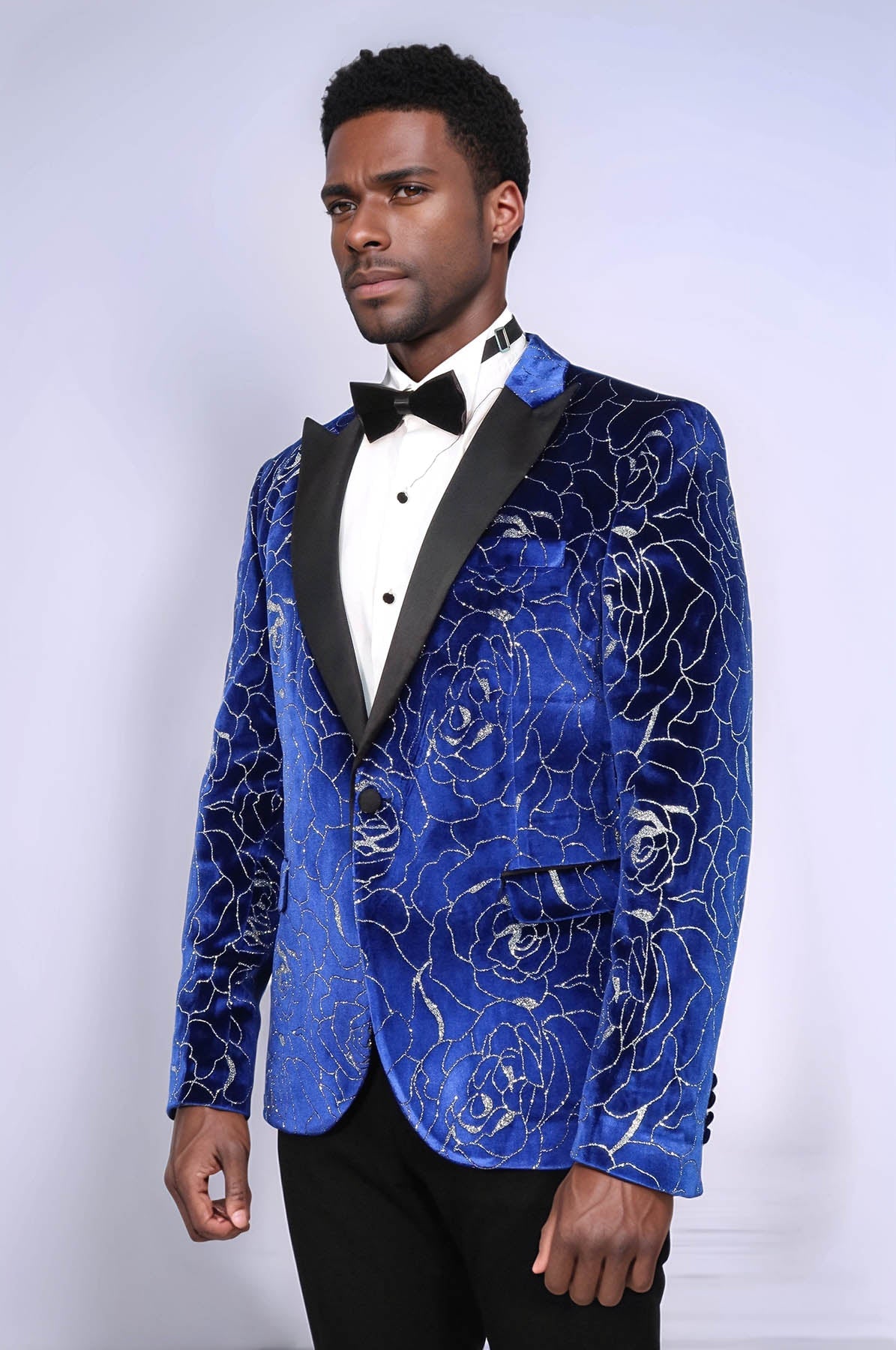 Shimmering Silver Rose Patterned Over Blue Men Stage Tuxedo Blazer