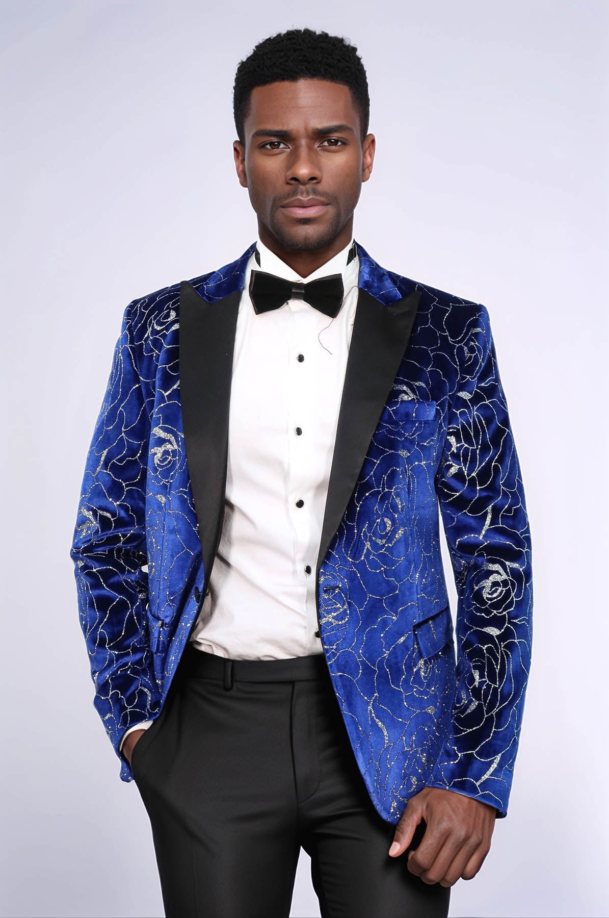 Shimmering Silver Rose Patterned Over Blue Men Stage Tuxedo Blazer