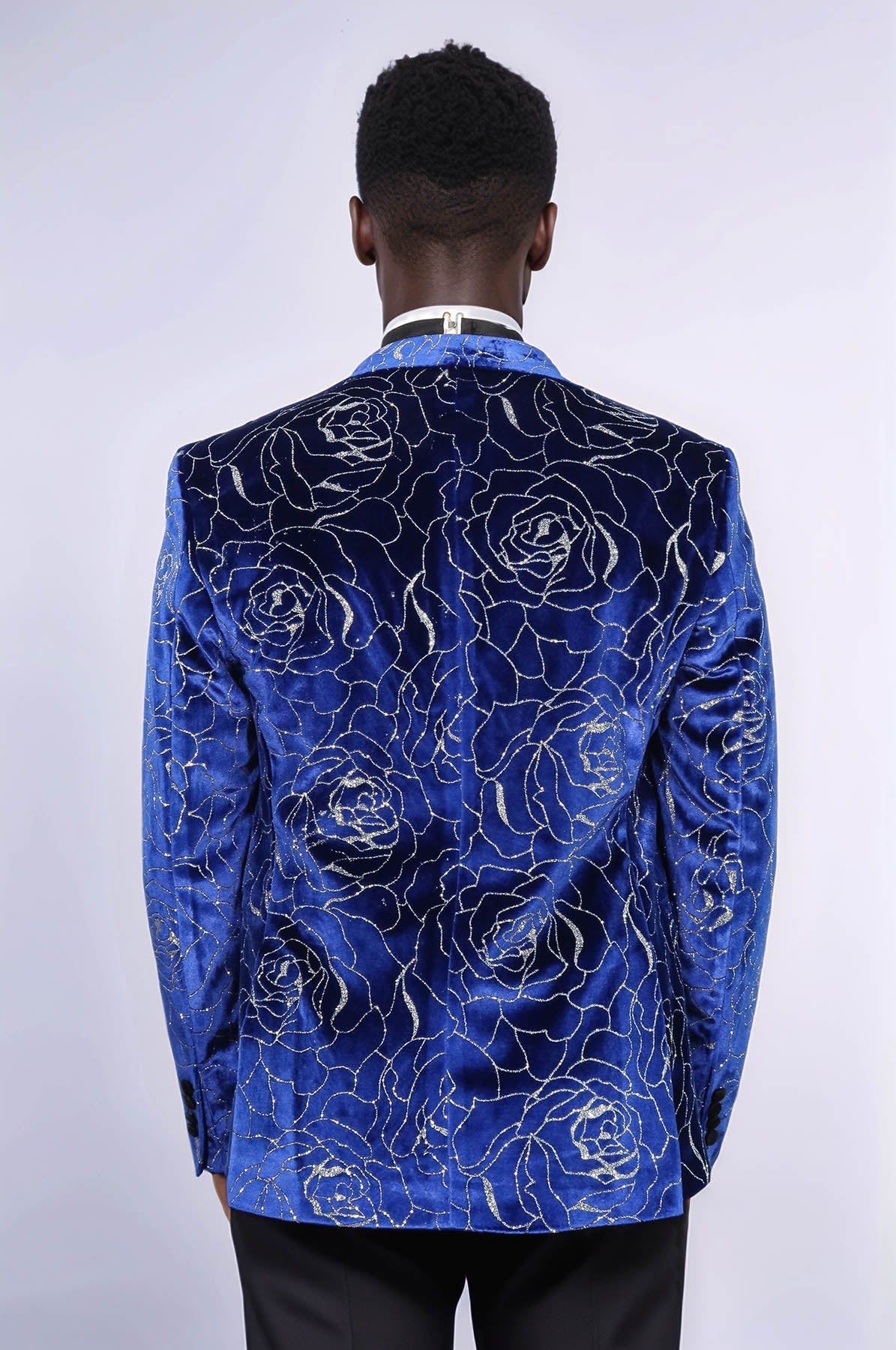 Shimmering Silver Rose Patterned Over Blue Men Stage Tuxedo Blazer
