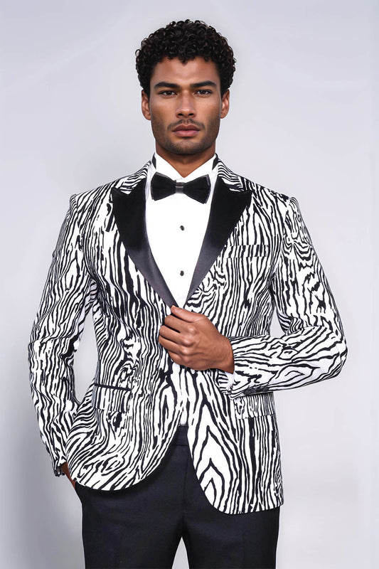 Slim Fit Zebra Patterned White Men Party Blazer