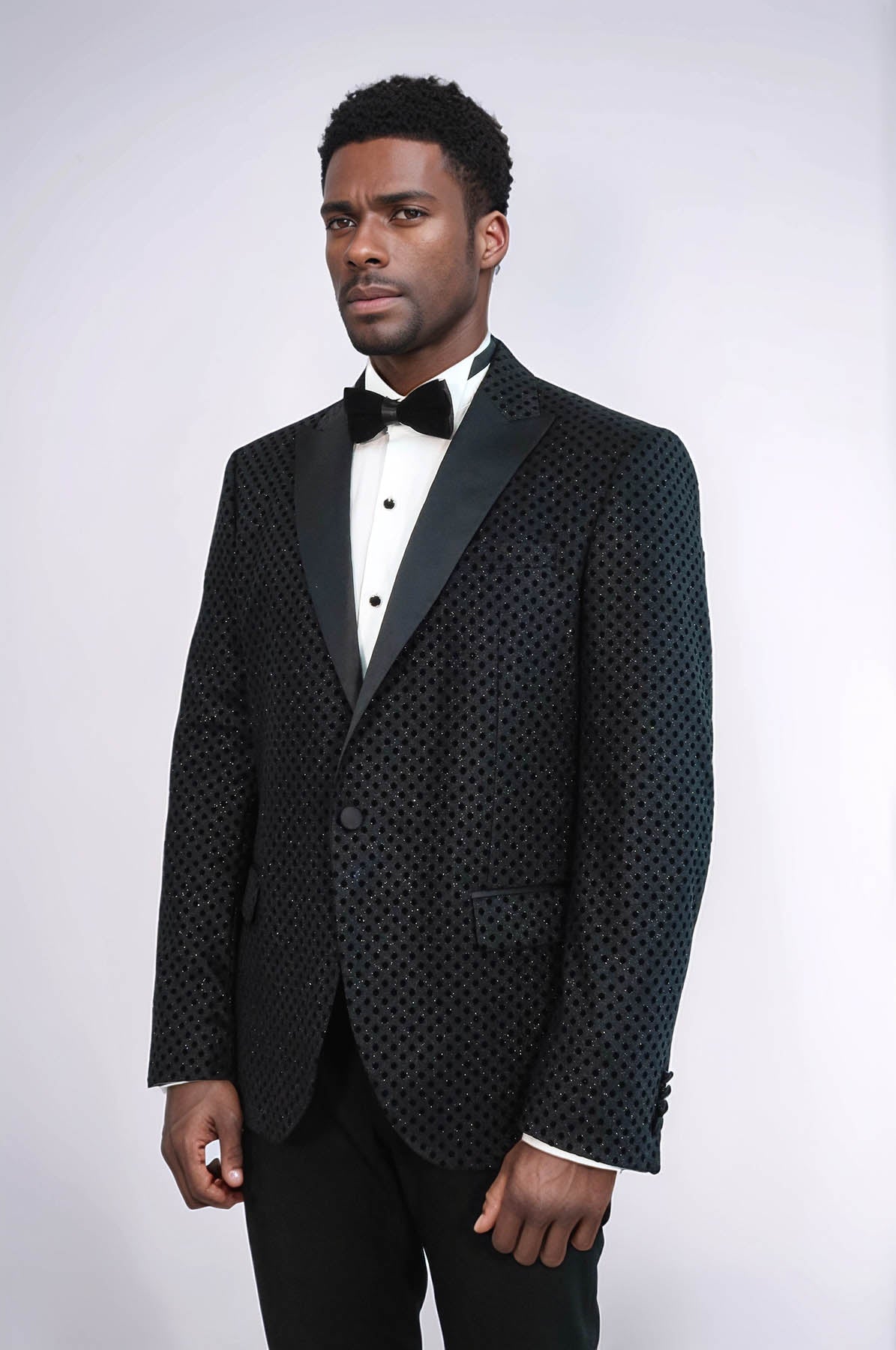Sequin Dot Patterned Black Men Sparkly Singer Tuxedo Jacket - Wessi
