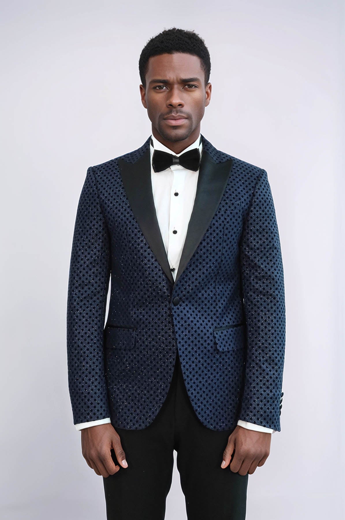 Sequin Dot Patterned Navy Blue Men Tuxedo Blazer - Wessi