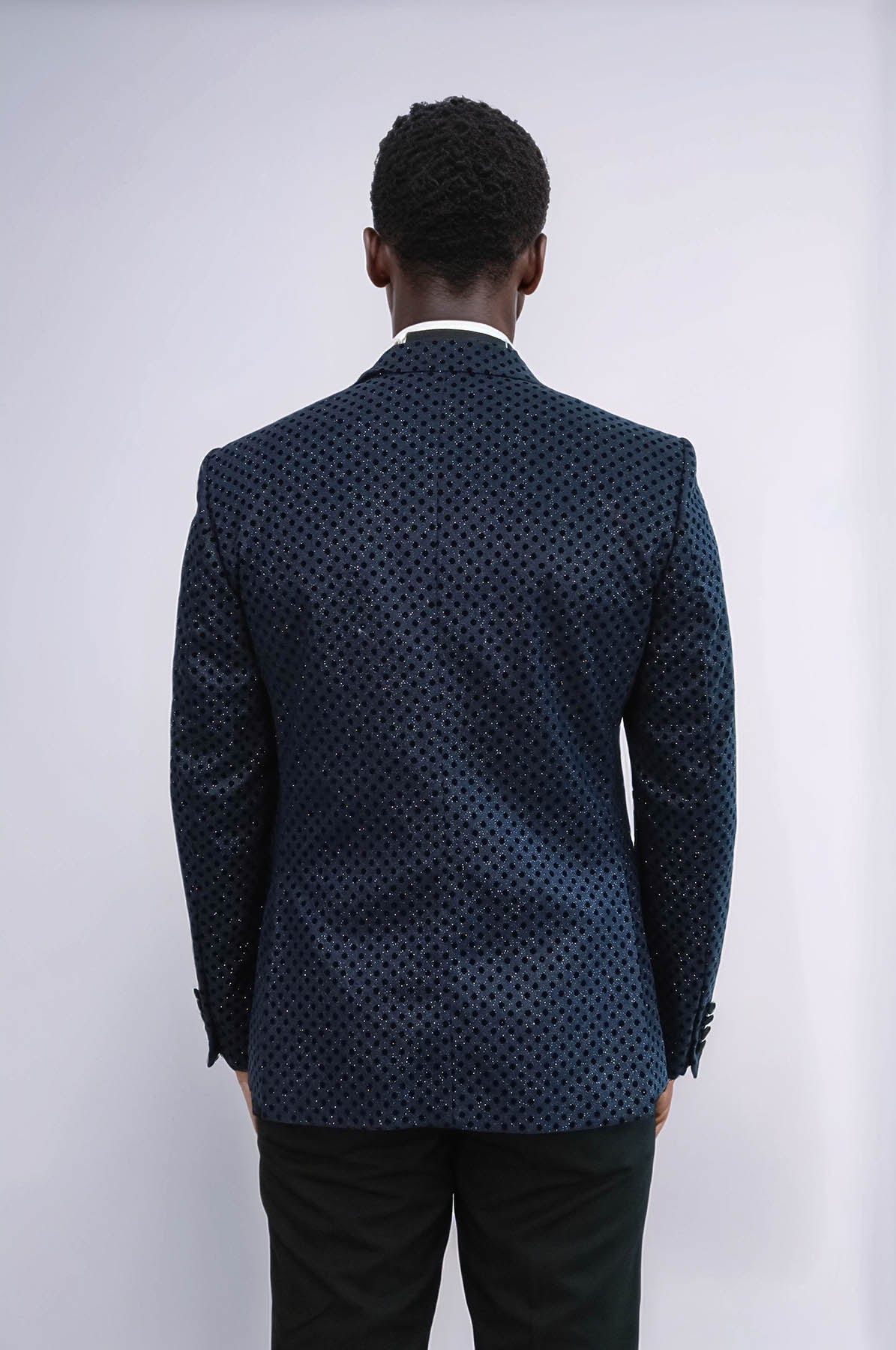 Sequin Dot Patterned Navy Blue Men Tuxedo Blazer - Wessi