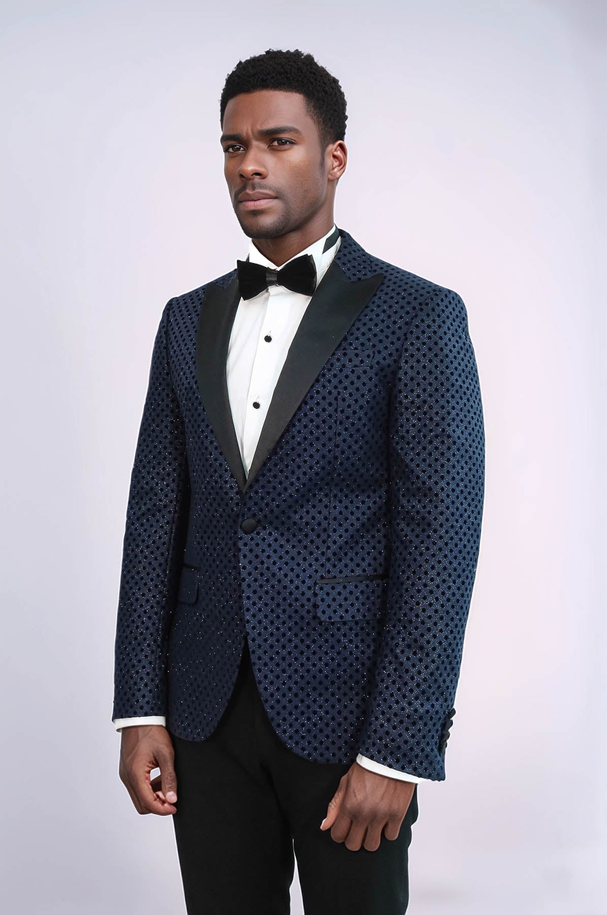 Sequin Dot Patterned Navy Blue Men Tuxedo Blazer - Wessi