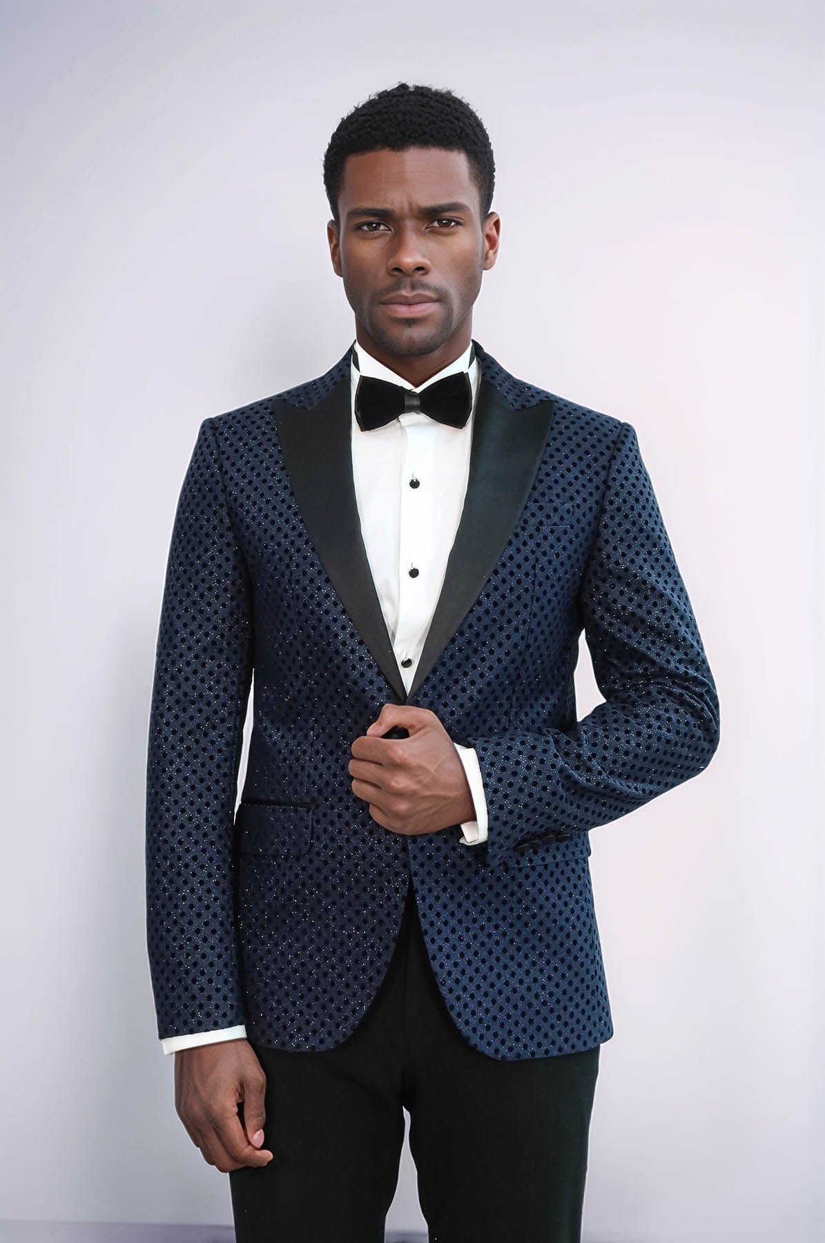 Sequin Dot Patterned Navy Blue Men Tuxedo Blazer - Wessi