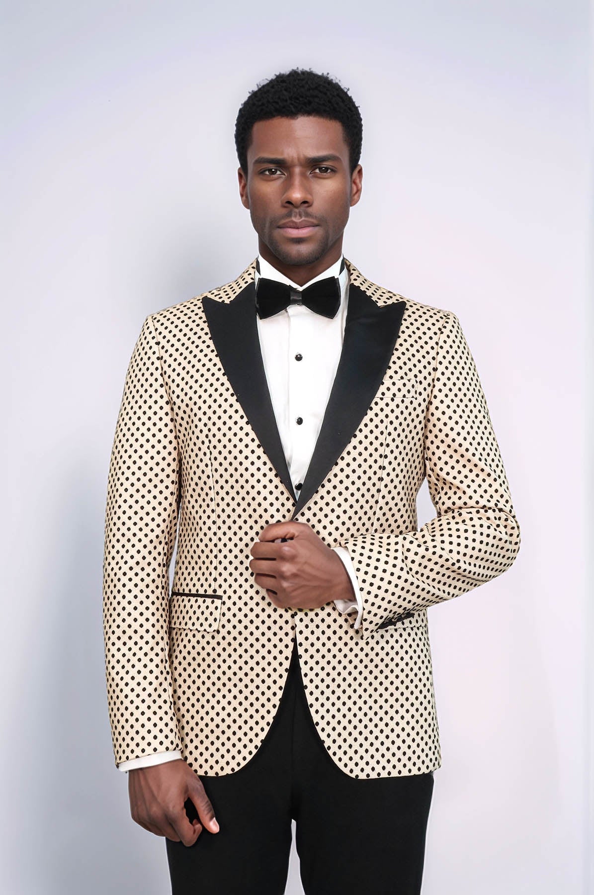 Sequin Dot Patterned Cream Men Wedding Tuxedo Blazer - Wessi