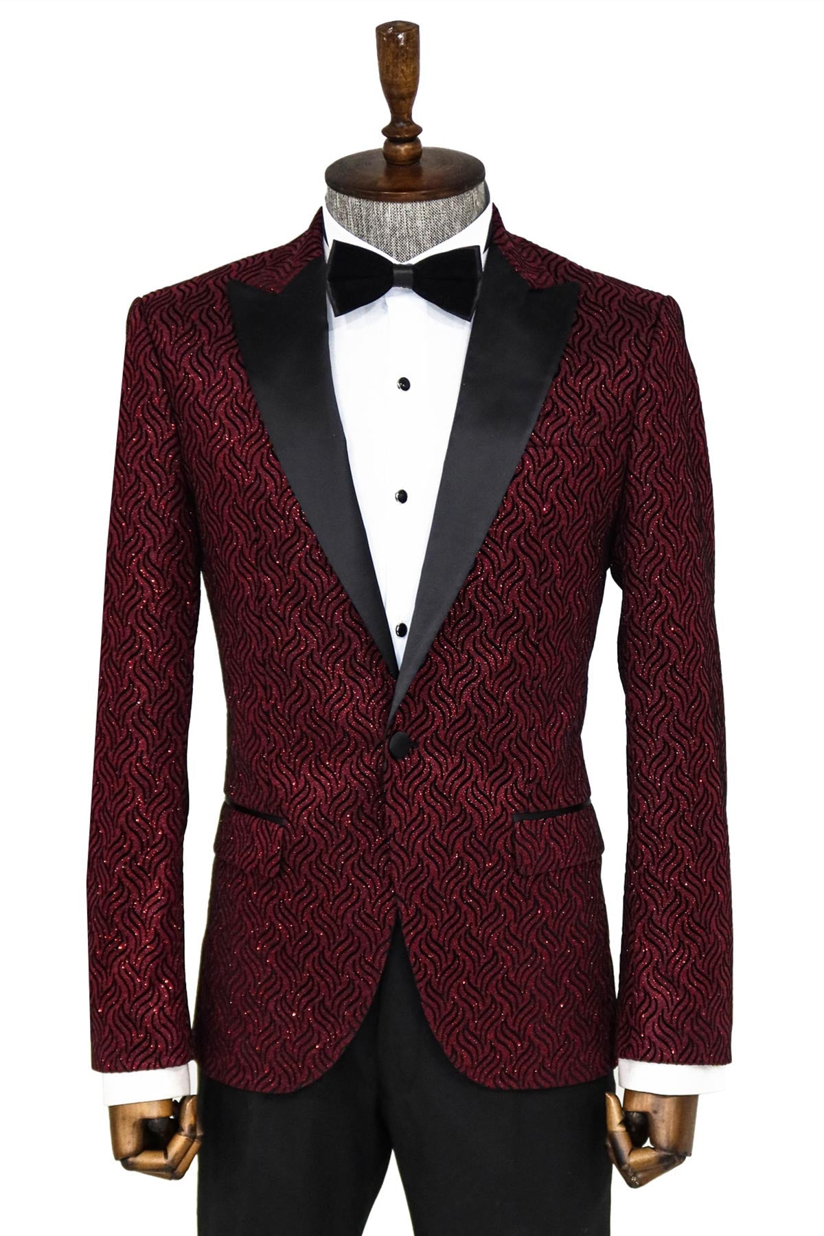 Shiny Patterned Burgundy Prom Blazer - Wessi