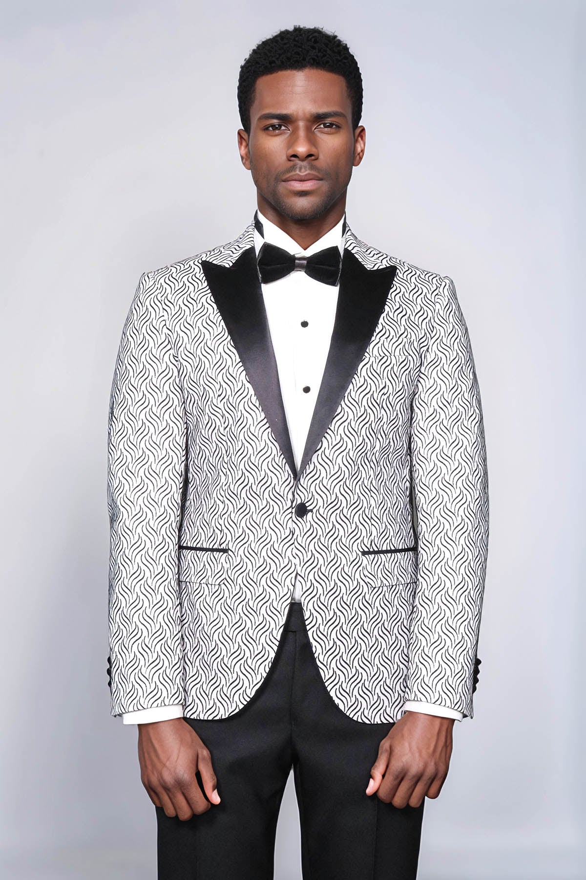 Shiny Patterned White Men Prom Blazer - Wessi