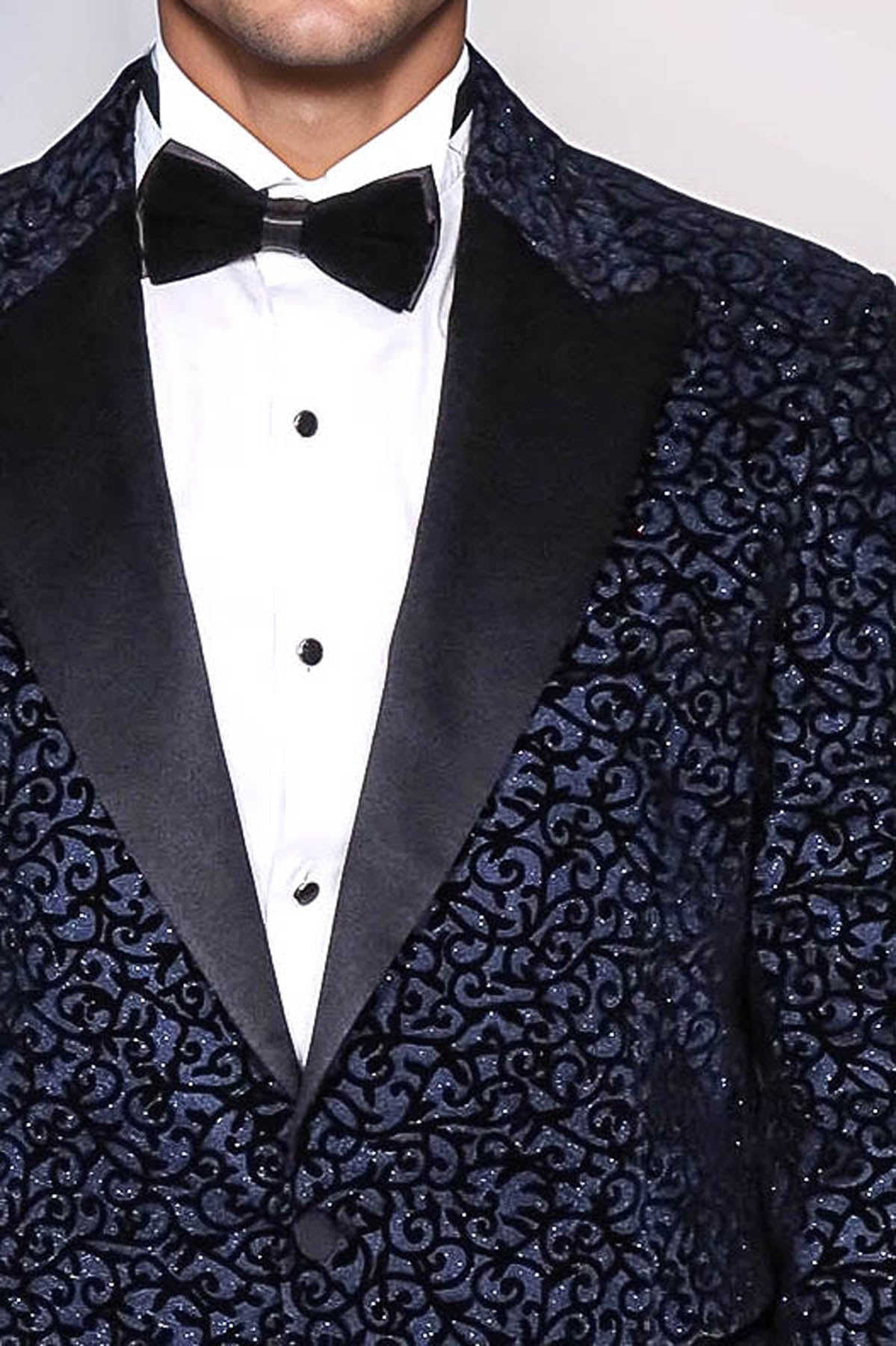 Scroll Patterned Navy Blue Men Wedding Tuxedo Blazer - Wessi