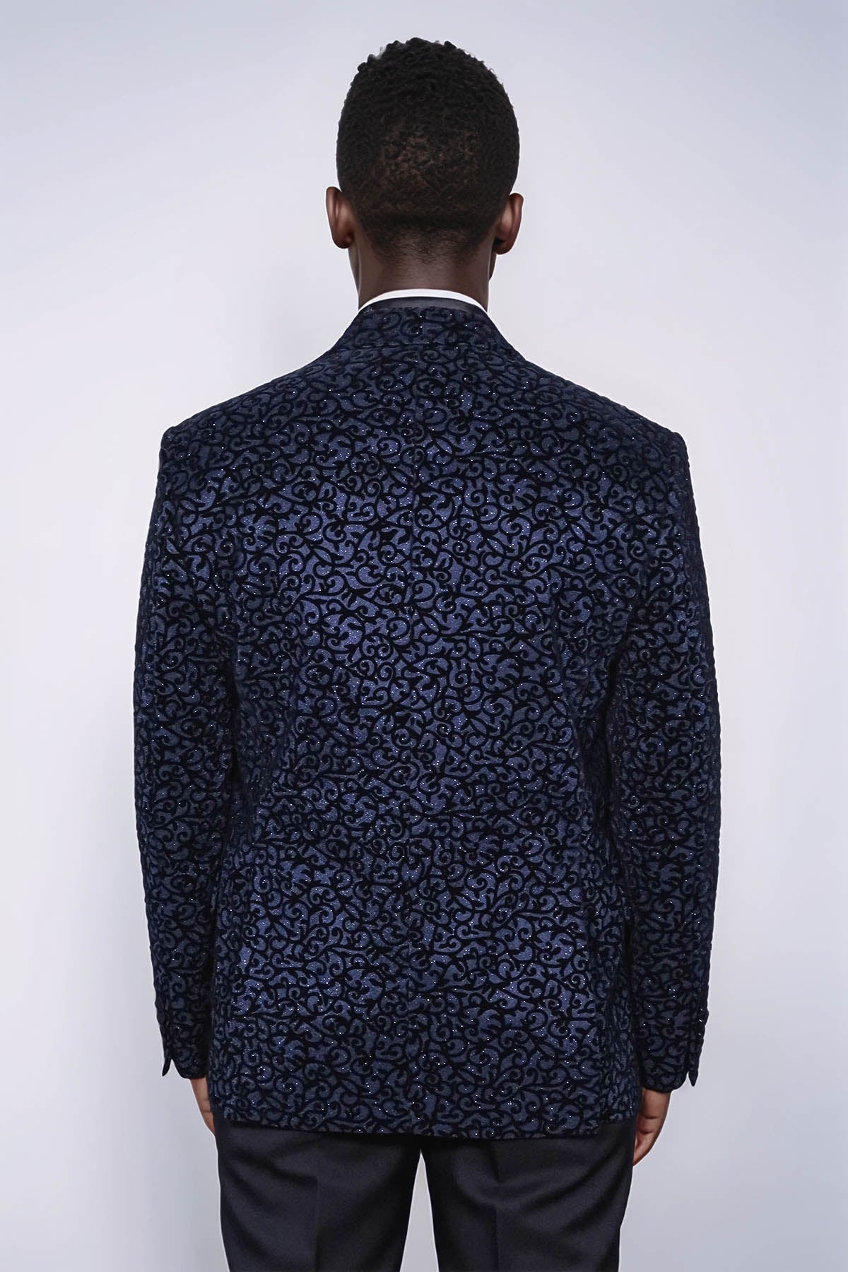 Scroll Patterned Navy Blue Men Prom Blazer and Trousers Combination Suit