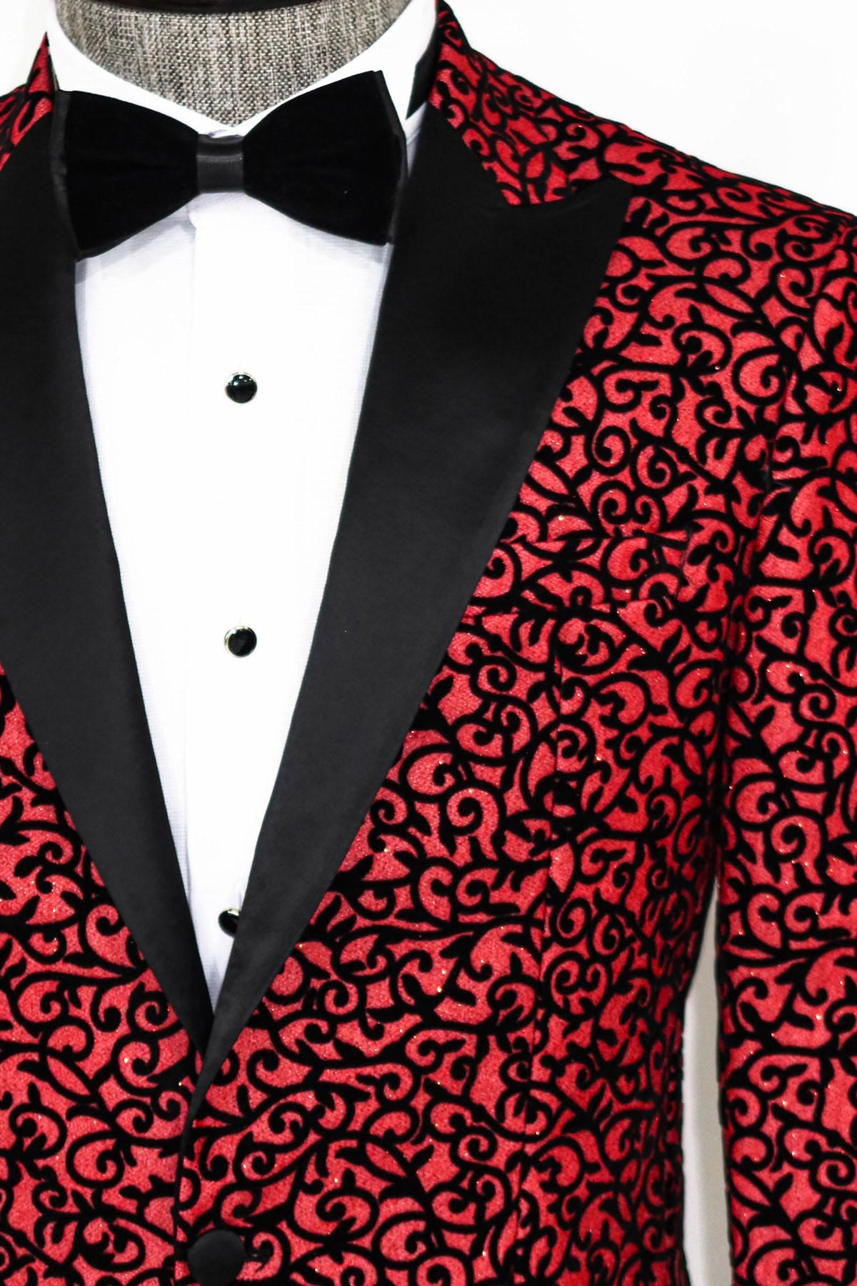 Scroll Patterned Burgundy Men Stage Tuxedo Blazer - Wessi