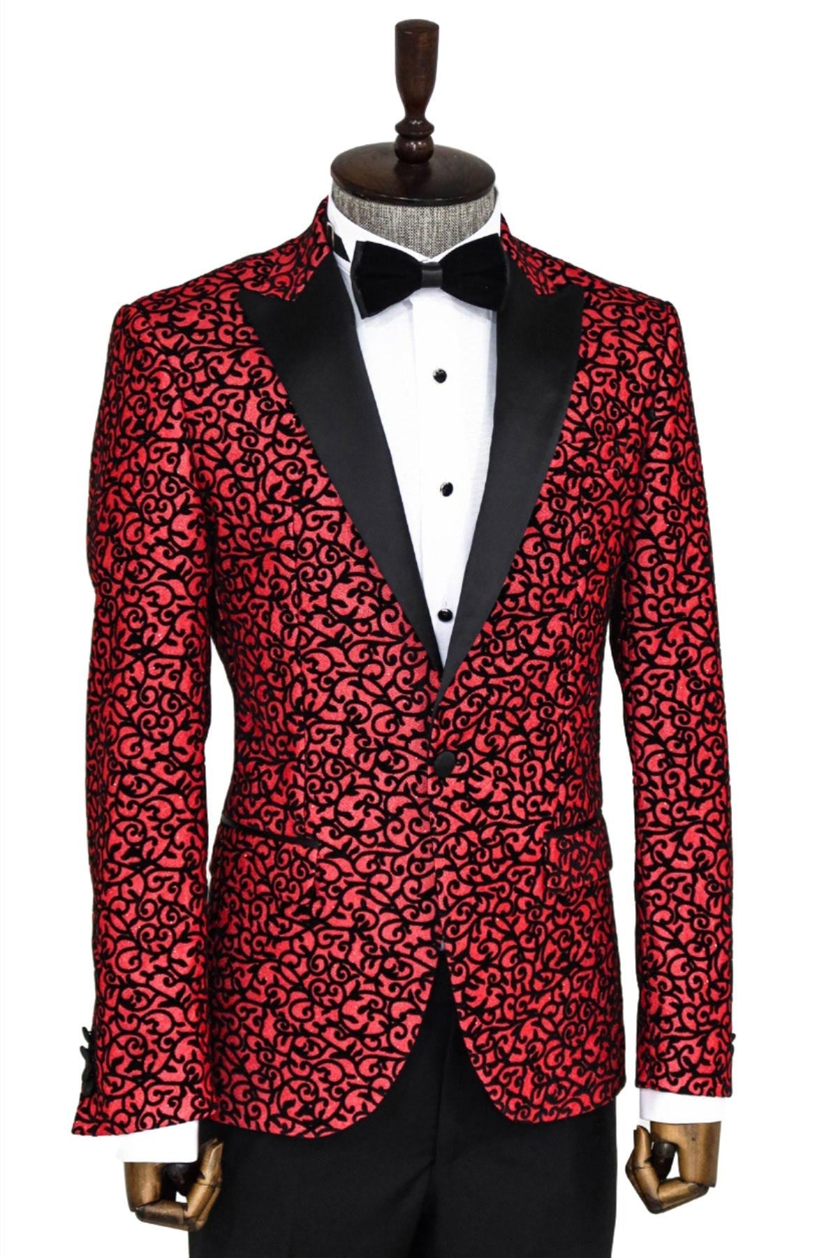 Scroll Patterned Burgundy Men Stage Tuxedo Blazer - Wessi