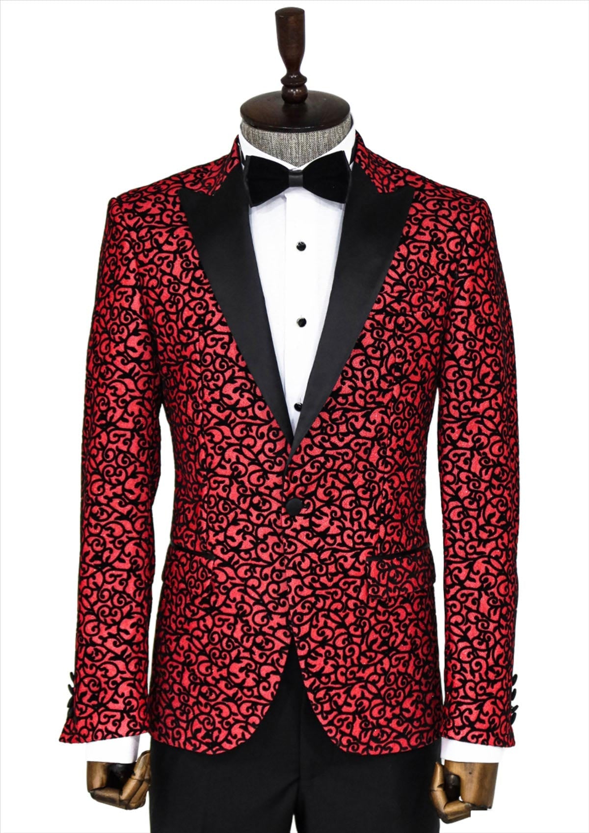 Scroll Patterned Burgundy Men Stage Tuxedo Blazer - Wessi