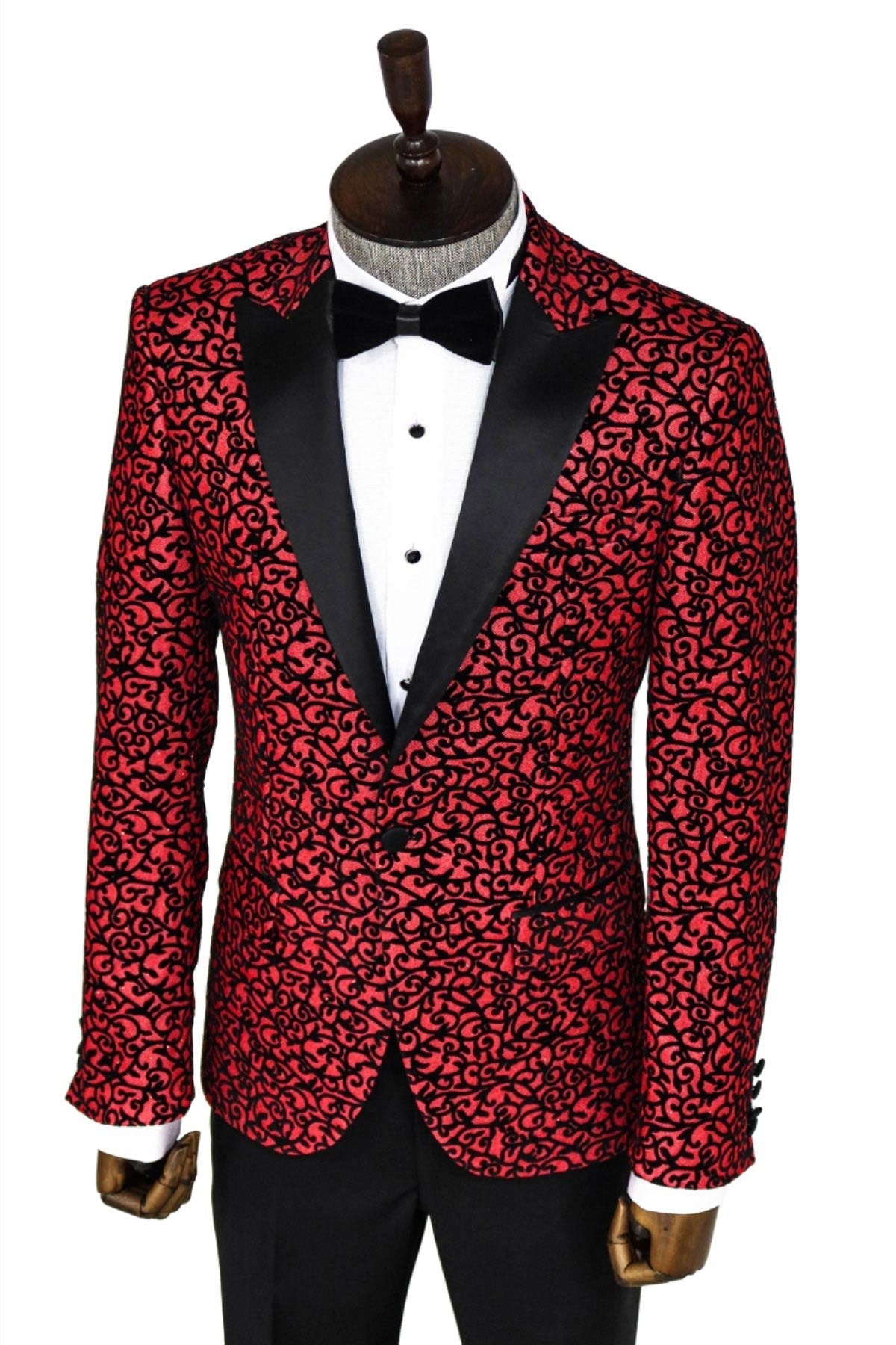 Scroll Patterned Burgundy Men Stage Tuxedo Blazer - Wessi