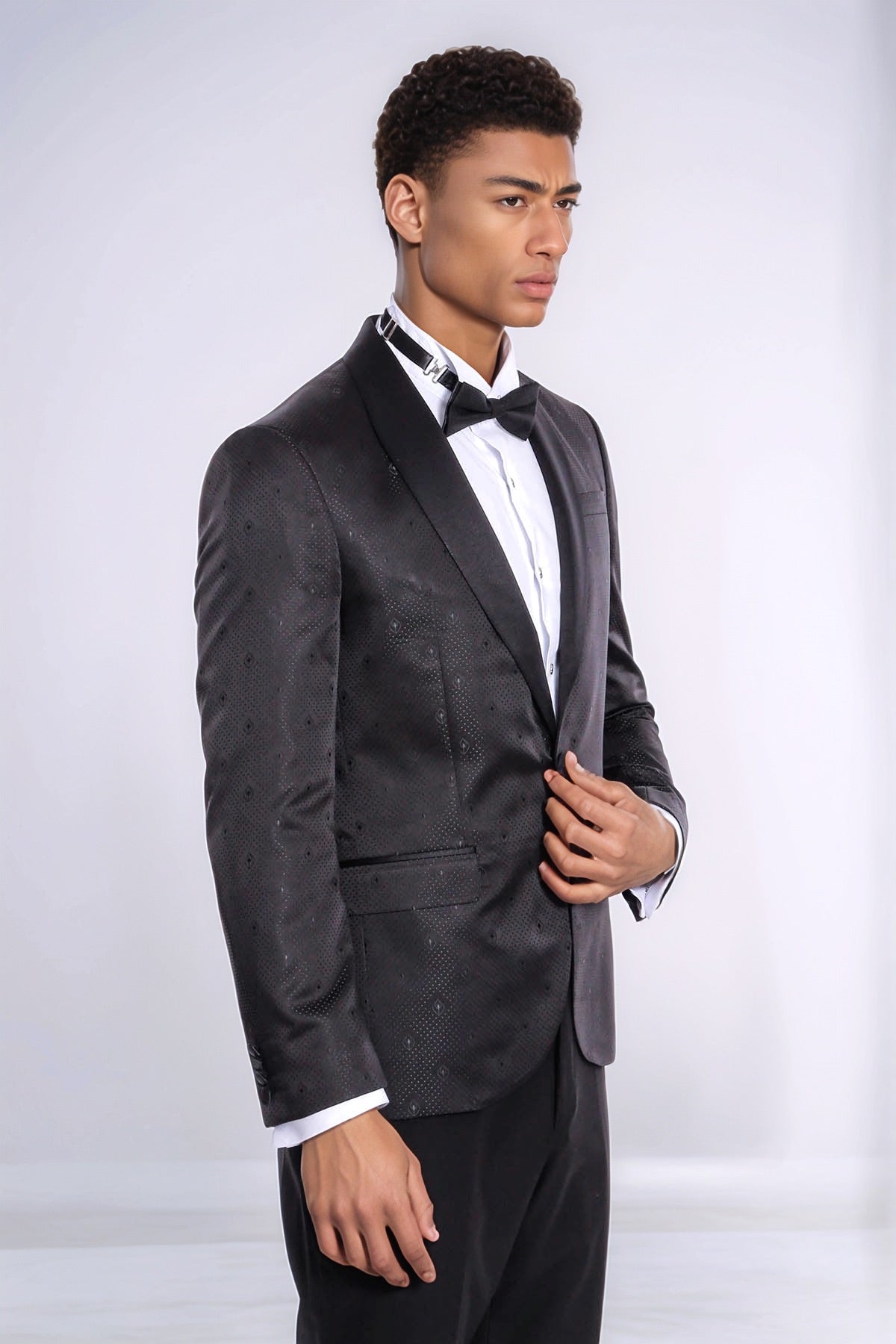 Dot Patterned Slim Fit Black Men Prom Blazer and Trousers Combination Suit