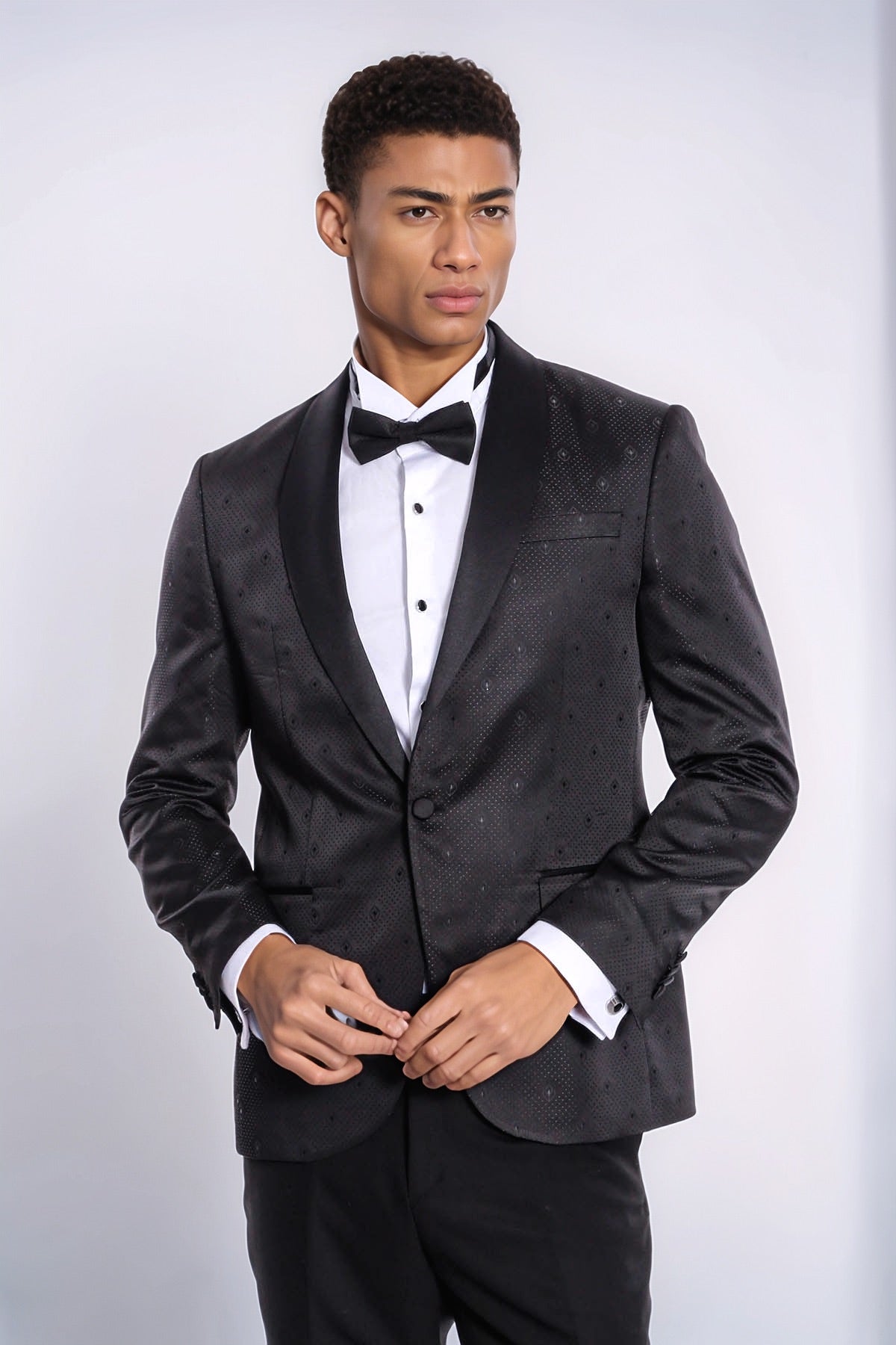 Dot Patterned Slim Fit Black Men Prom Blazer and Trousers Combination Suit