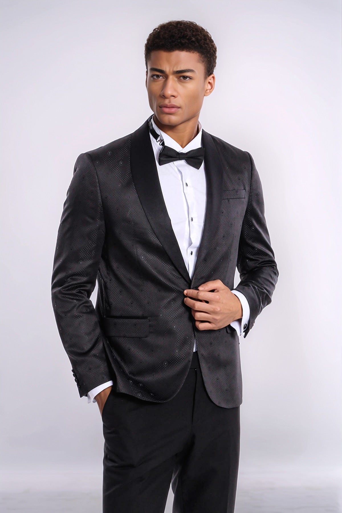 Dot Patterned Slim Fit Black Men Prom Blazer and Trousers Combination Suit
