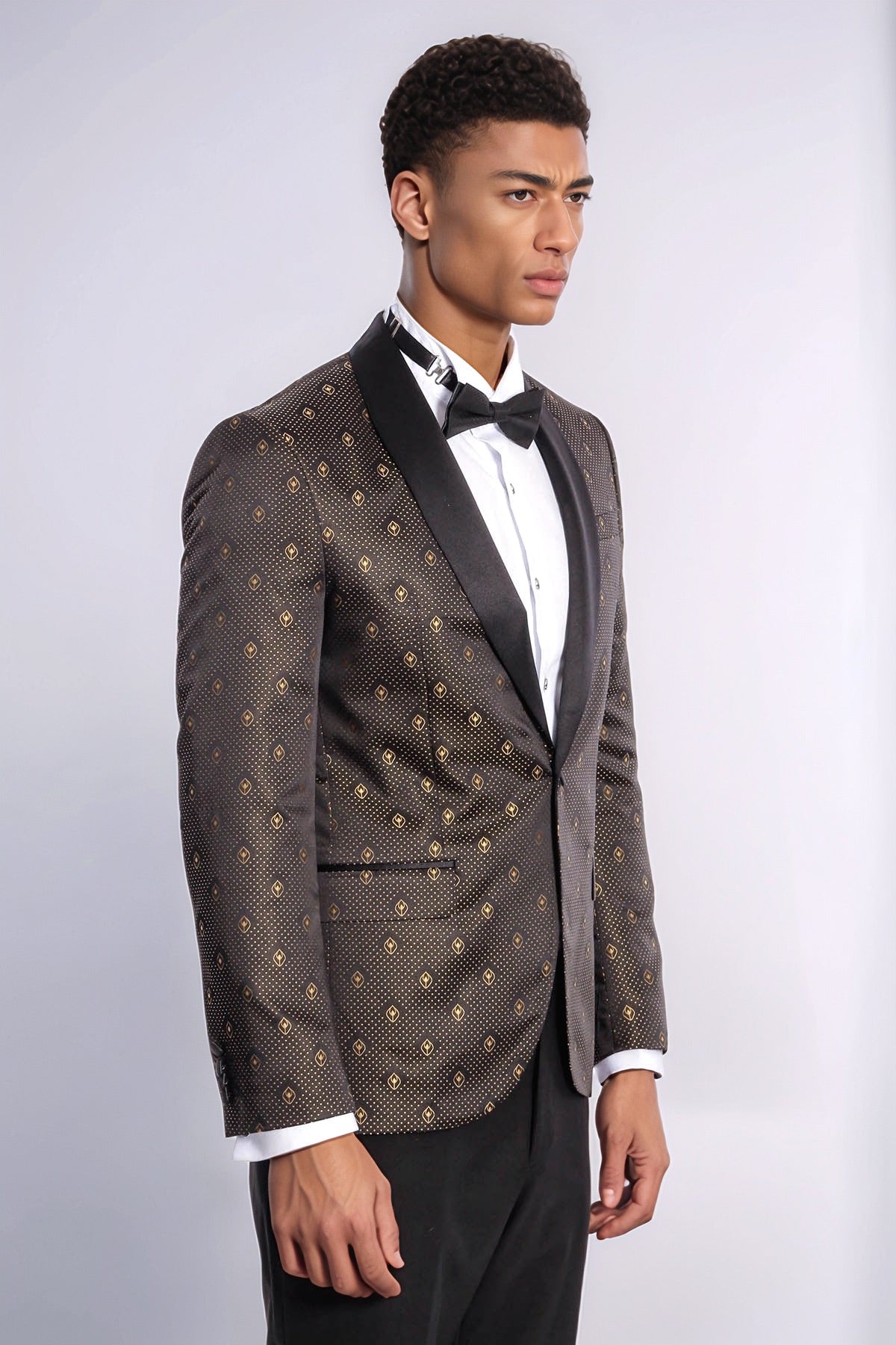 Shawl Lapel Gold Dot Patterned Over Black Men Tuxedo Blazer