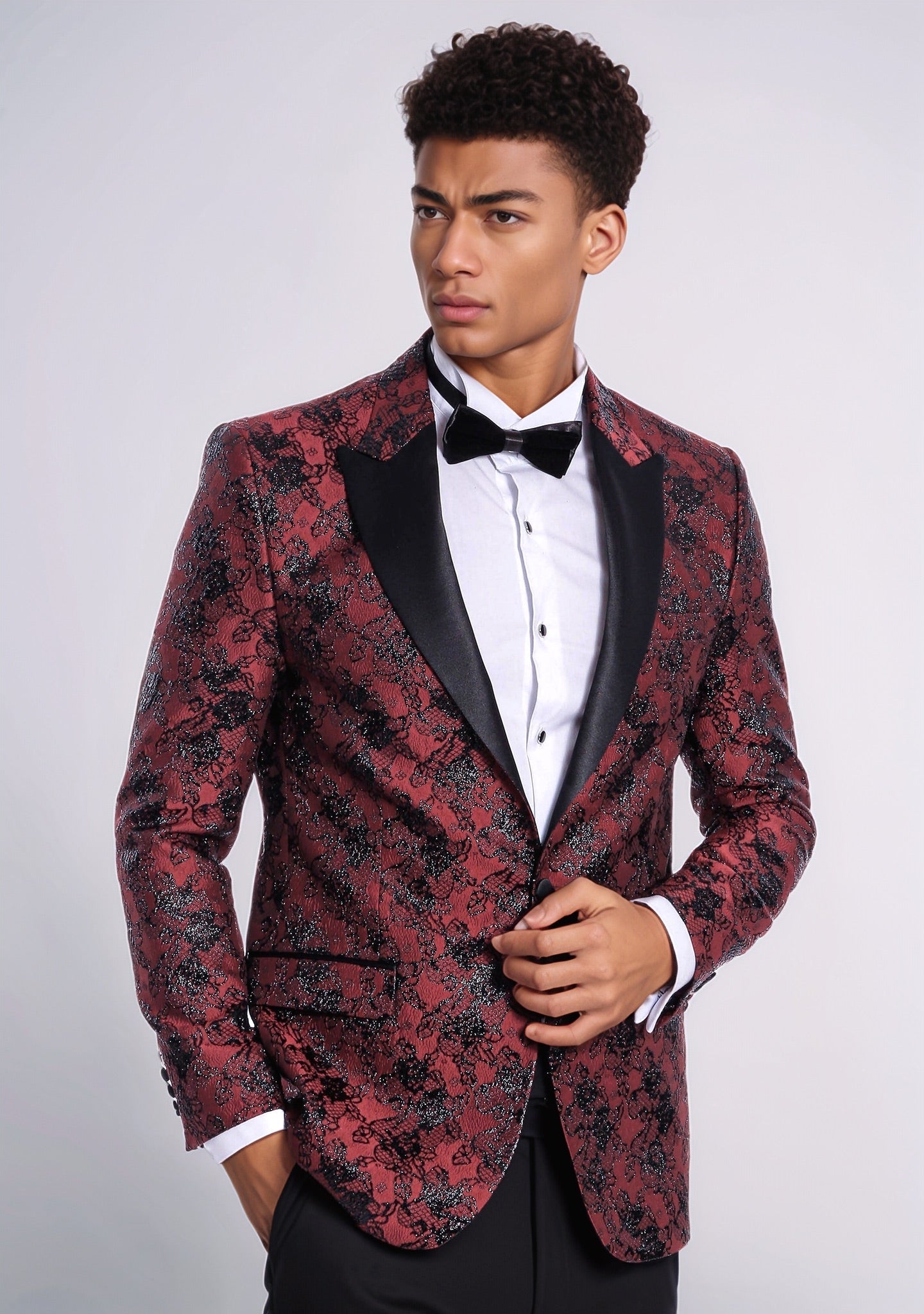 Floral Patterned Slim Fit Burgundy Men Evening Dinner Blazer - Wessi