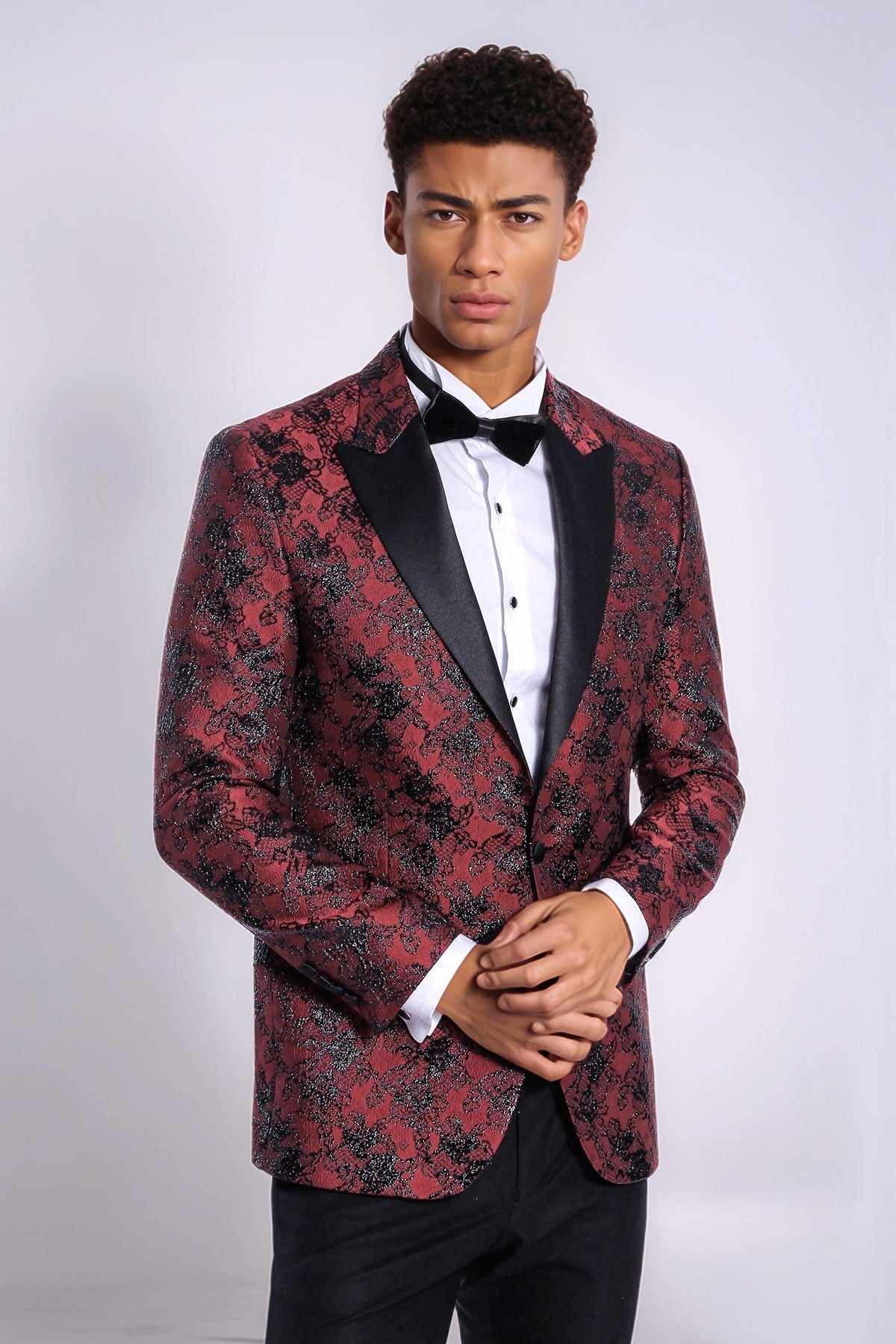 Floral Patterned Slim Fit Burgundy Men Evening Dinner Blazer - Wessi
