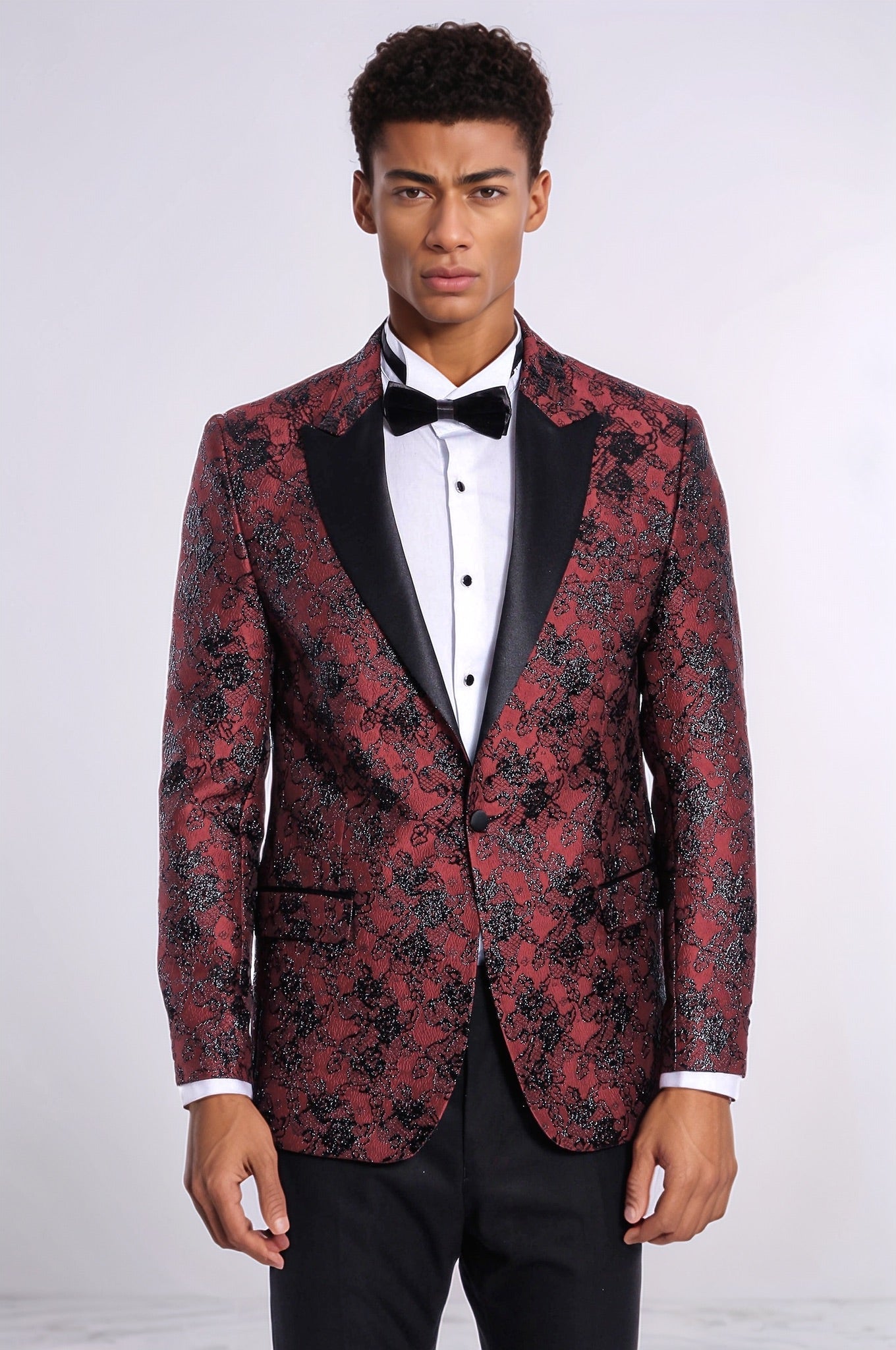 Floral Patterned Slim Fit Burgundy Men Evening Dinner Blazer - Wessi
