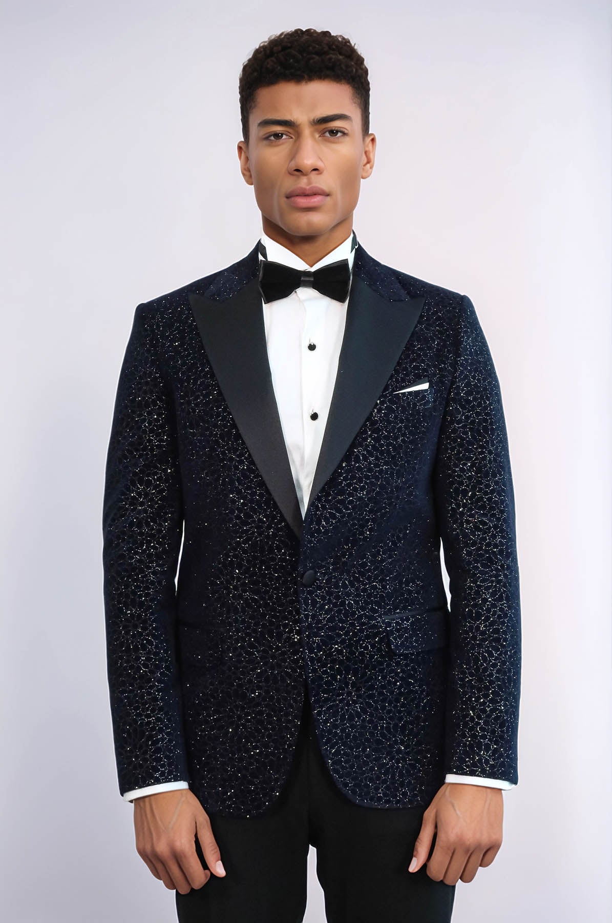Glitter Floral Patterned Navy Blue Men Wedding Tuxedo Blazer - Wessi