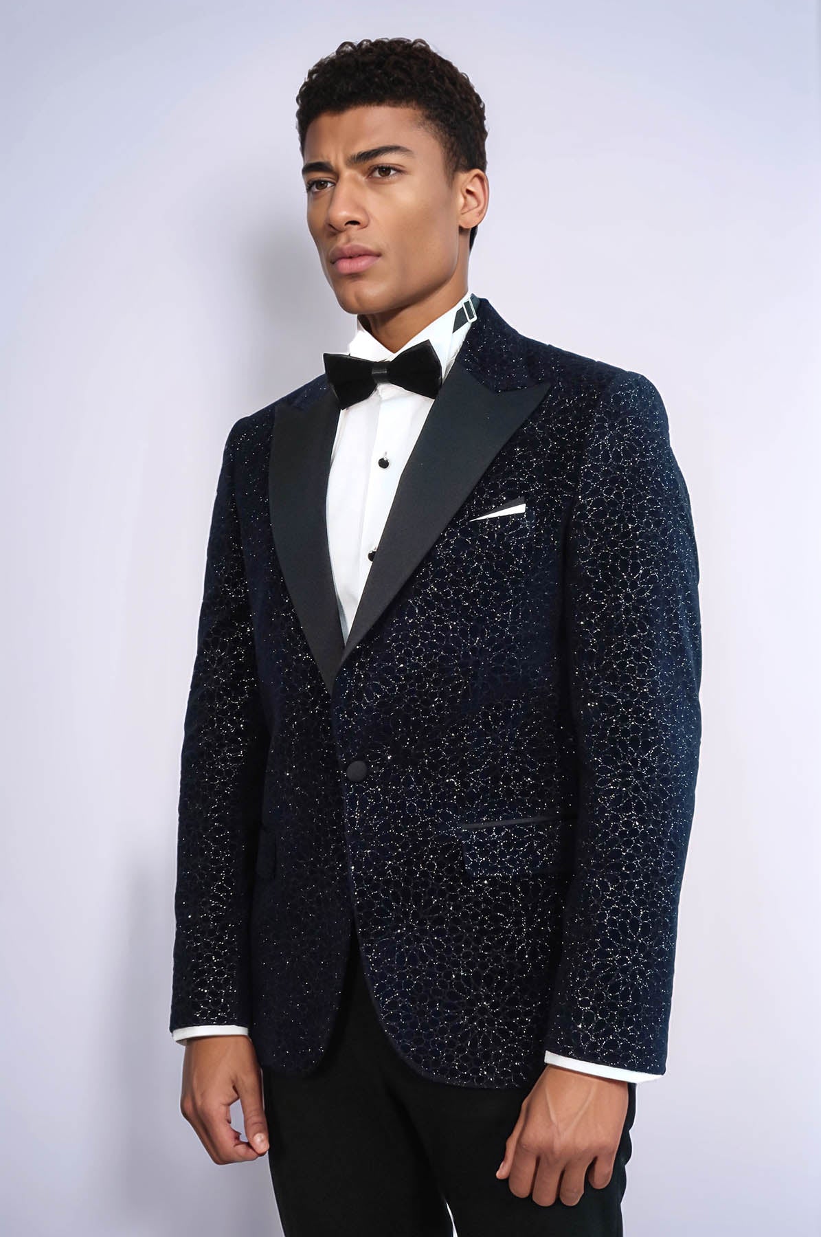 Glitter Floral Patterned Navy Blue Men Wedding Tuxedo Blazer - Wessi