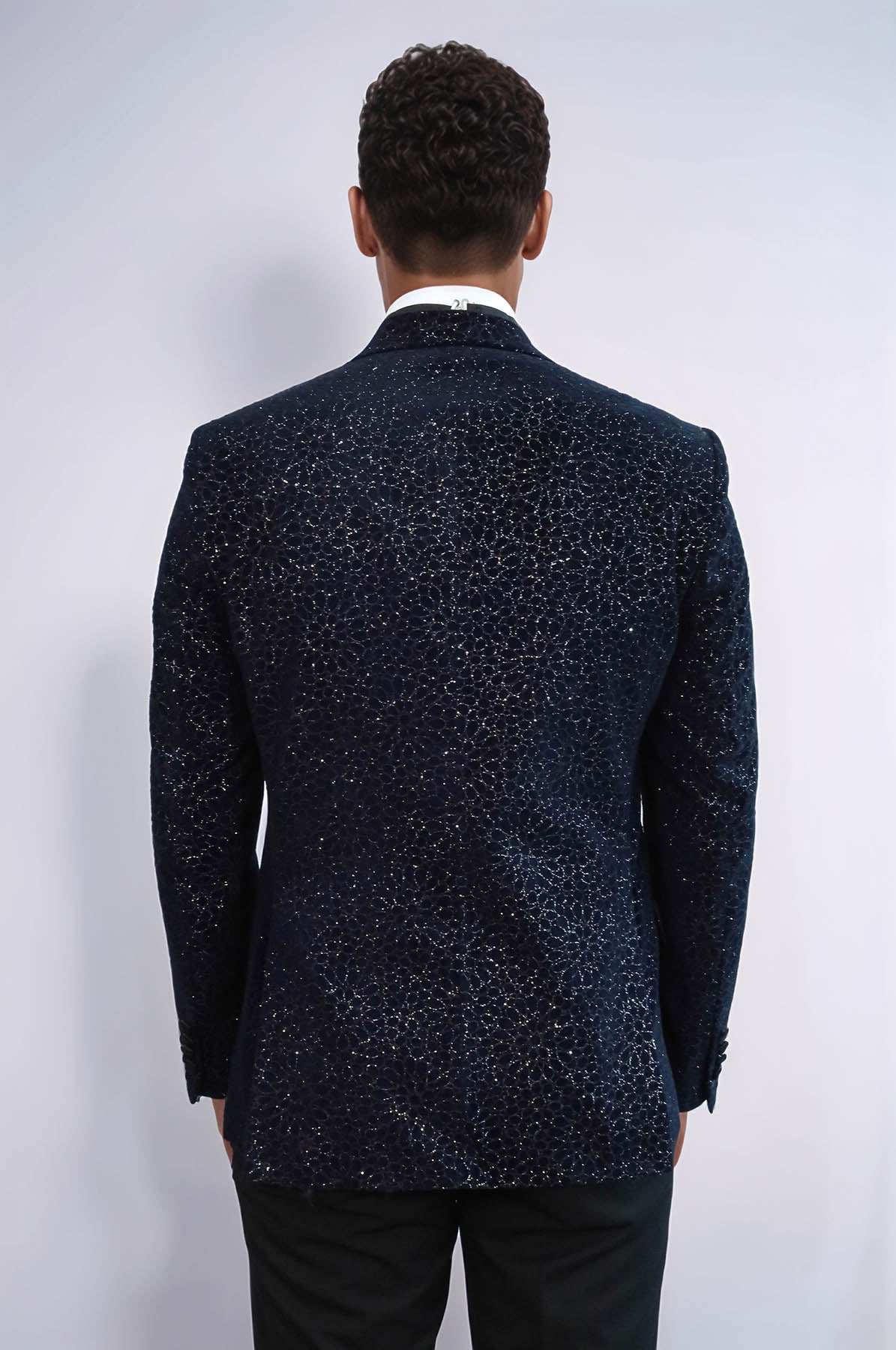 Glitter Floral Patterned Navy Blue Men Wedding Tuxedo Blazer - Wessi