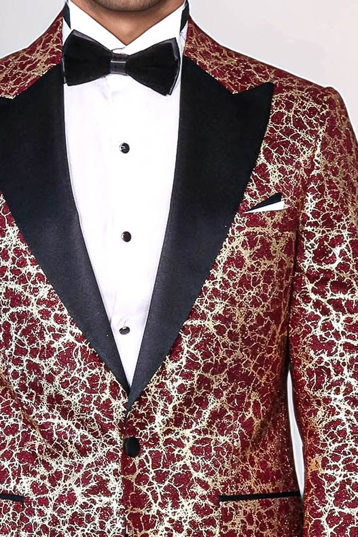Root Pattern Peak Lapel Burgundy Men Party Blazer