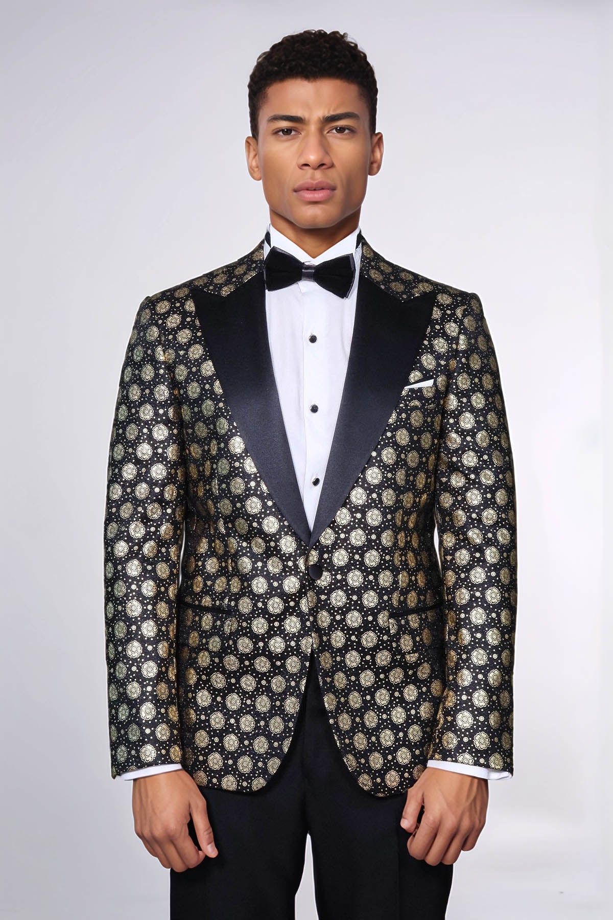 Floral Patterned Peak Lapel Black with Gold Embellished Dinner Jacket - Wessi