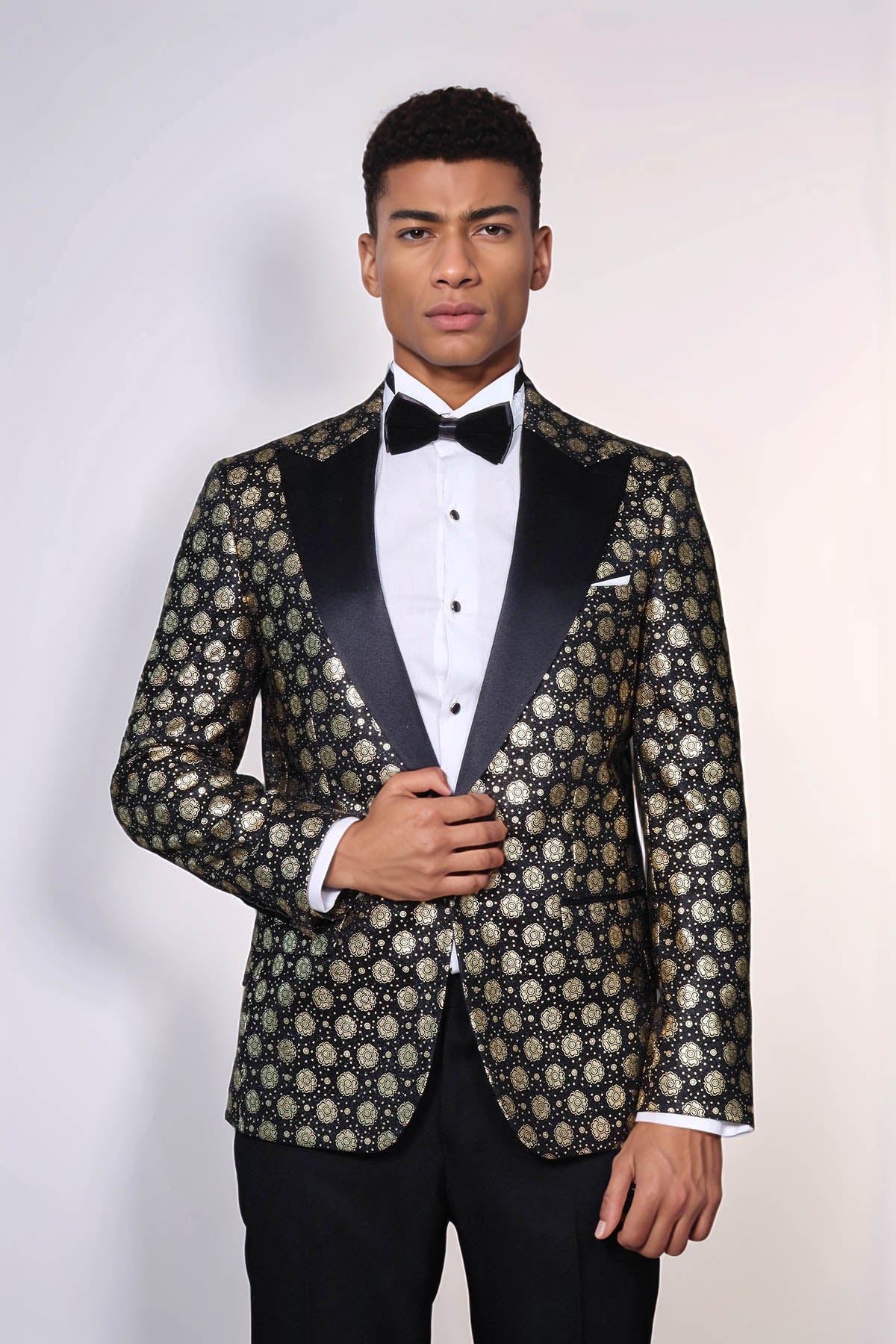 Floral Patterned Peak Lapel Black with Gold Embellished Dinner Jacket - Wessi