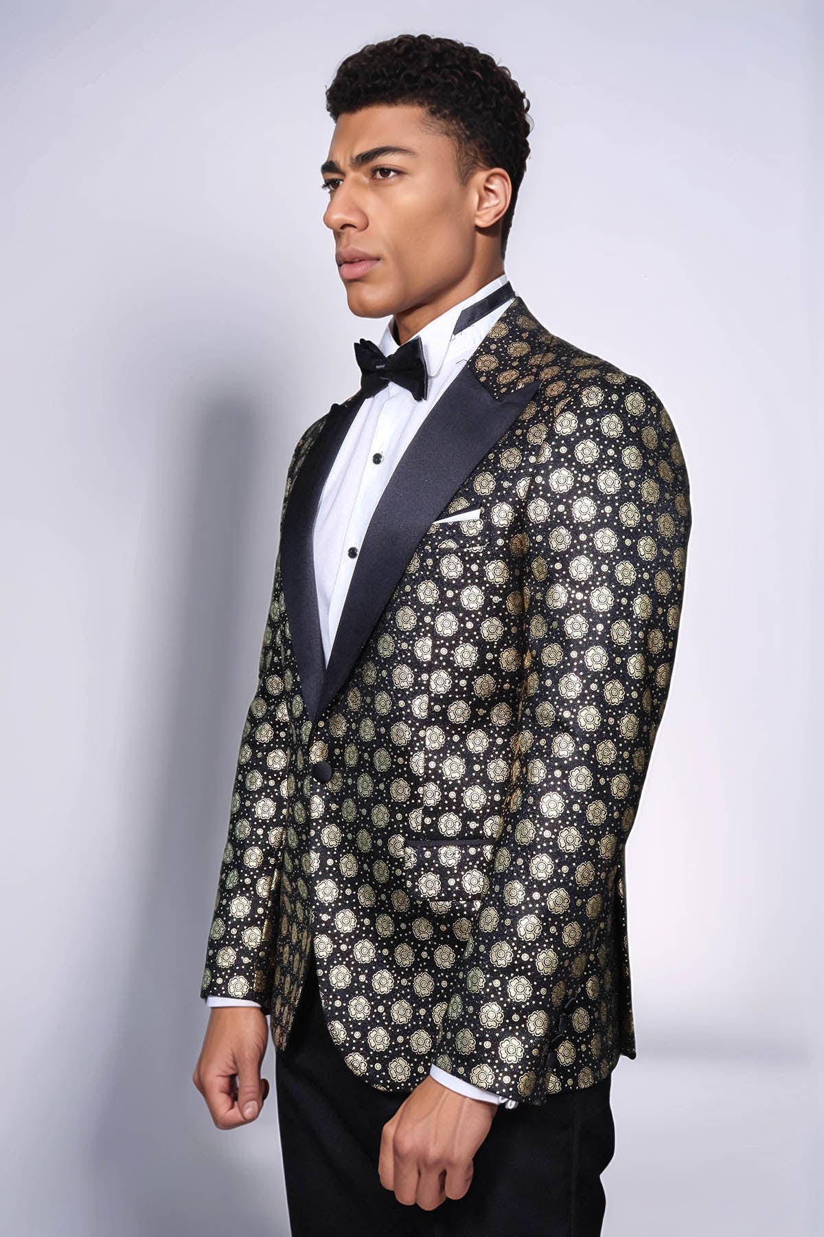 Floral Patterned Peak Lapel Black with Gold Embellished Dinner Jacket - Wessi