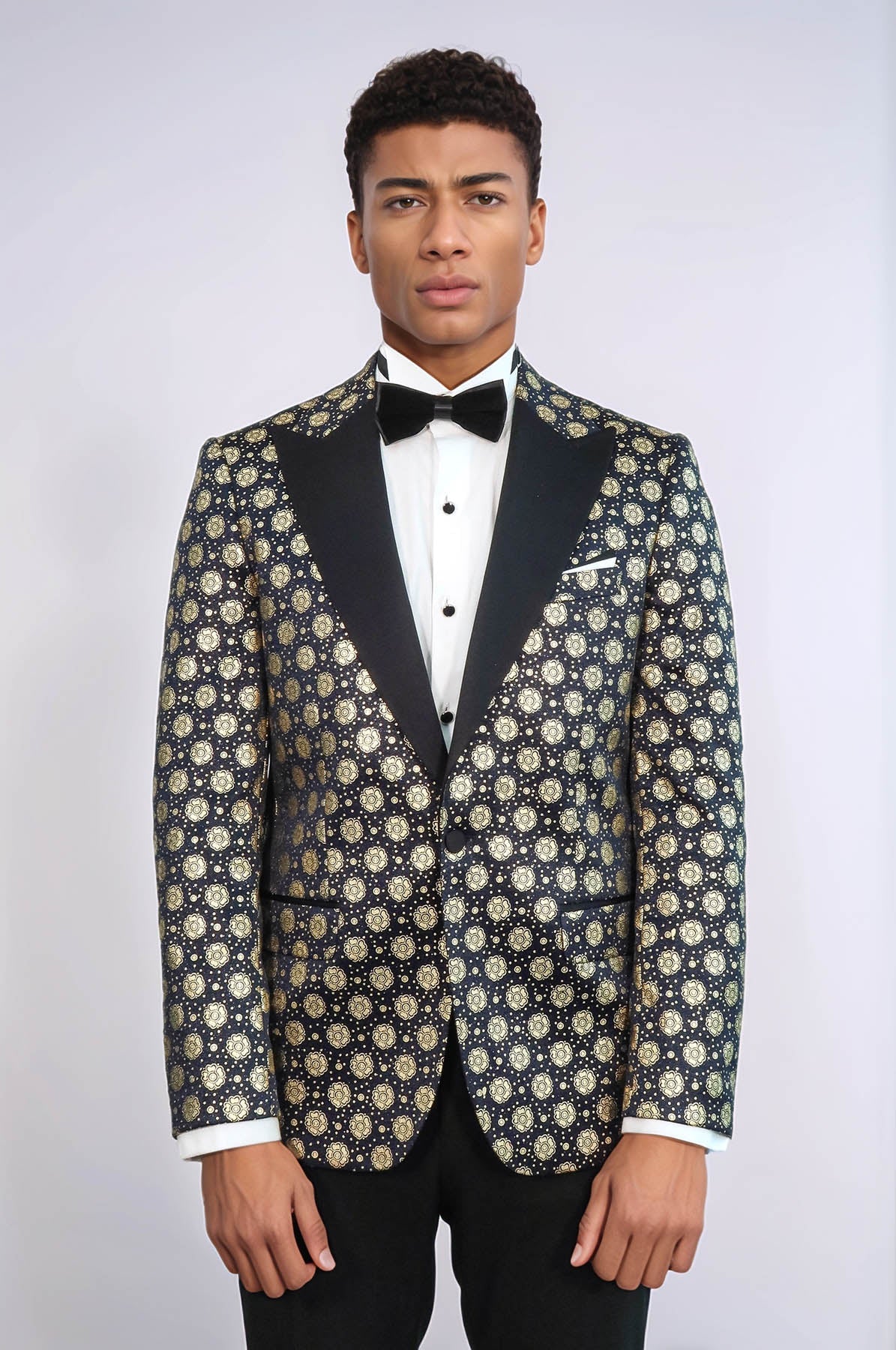 Floral Patterned Peak Lapel Navy Blue with Gold Embellished Dinner Jacket