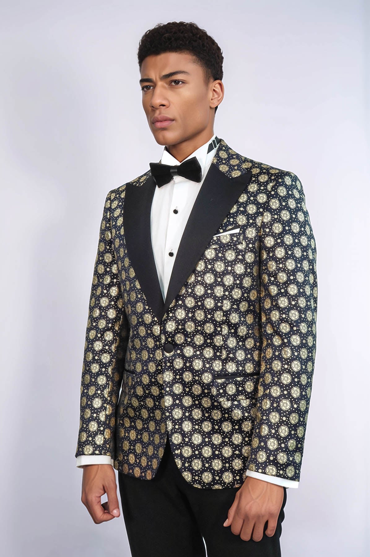 Floral Patterned Peak Lapel Navy Blue with Gold Embellished Dinner Jacket